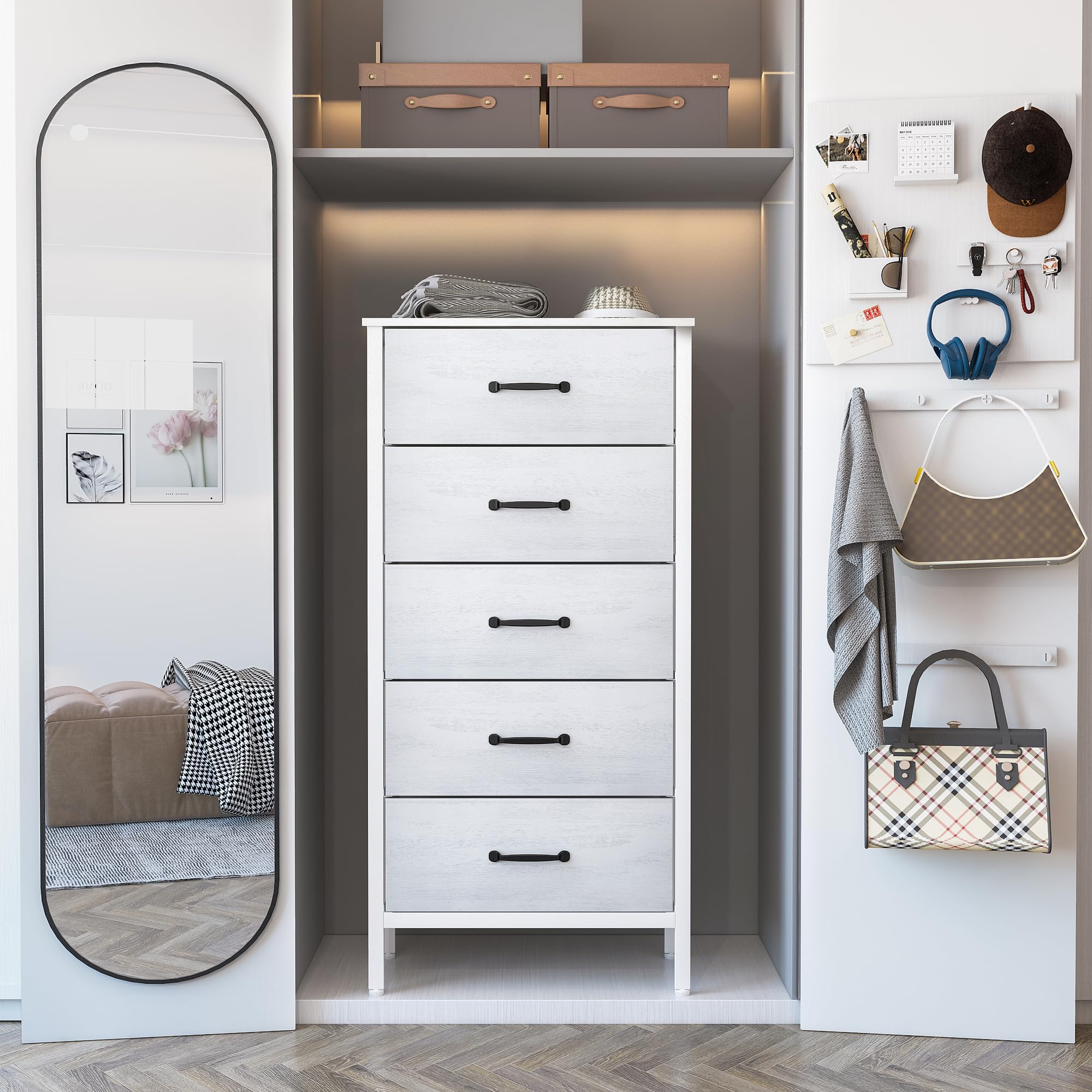 LYNCOHOME White 5-Drawer Fabric Dresser for Bedroom, Tall Storage Chest with Fabric Drawers - Perfect for Bedroom Organization, Coat Closet & Entryway Storage