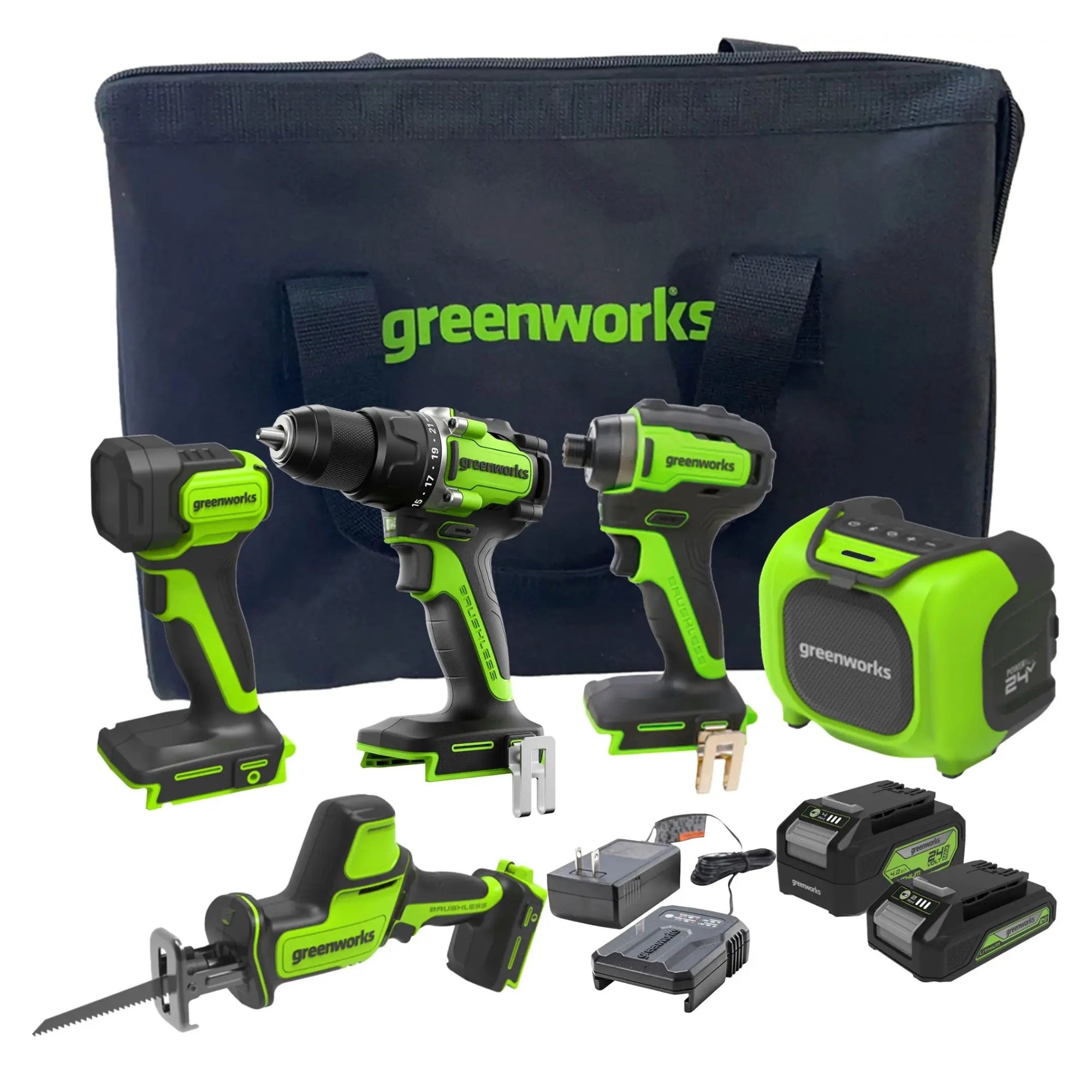 24V 5-Piece Power Tool Combo Kit with (1) 2.0Ah Battery, (1) 4.0Ah Battery & Fast Charger - Perfect for DIY Projects, Home Repairs, and Professional Construction Work