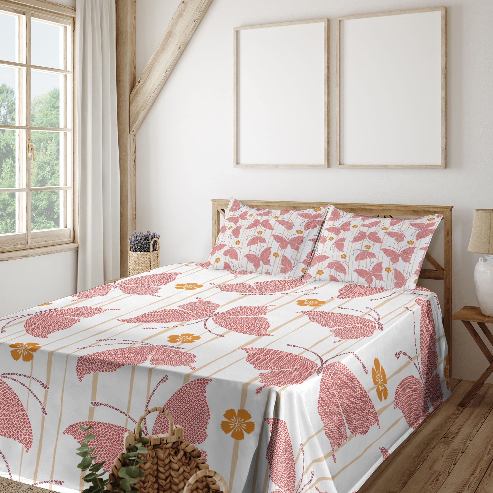 Ambesonne Butterfly King Size 4-Piece Sheet Set - Floral Butterfly Pattern with Digital Dots & Stripes in Red Orange Cream - Includes Fitted Sheet, Flat Sheet & 2 Pillowcases | Perfect for Master Bedroom, Guest Room & Bohemian Home Decor