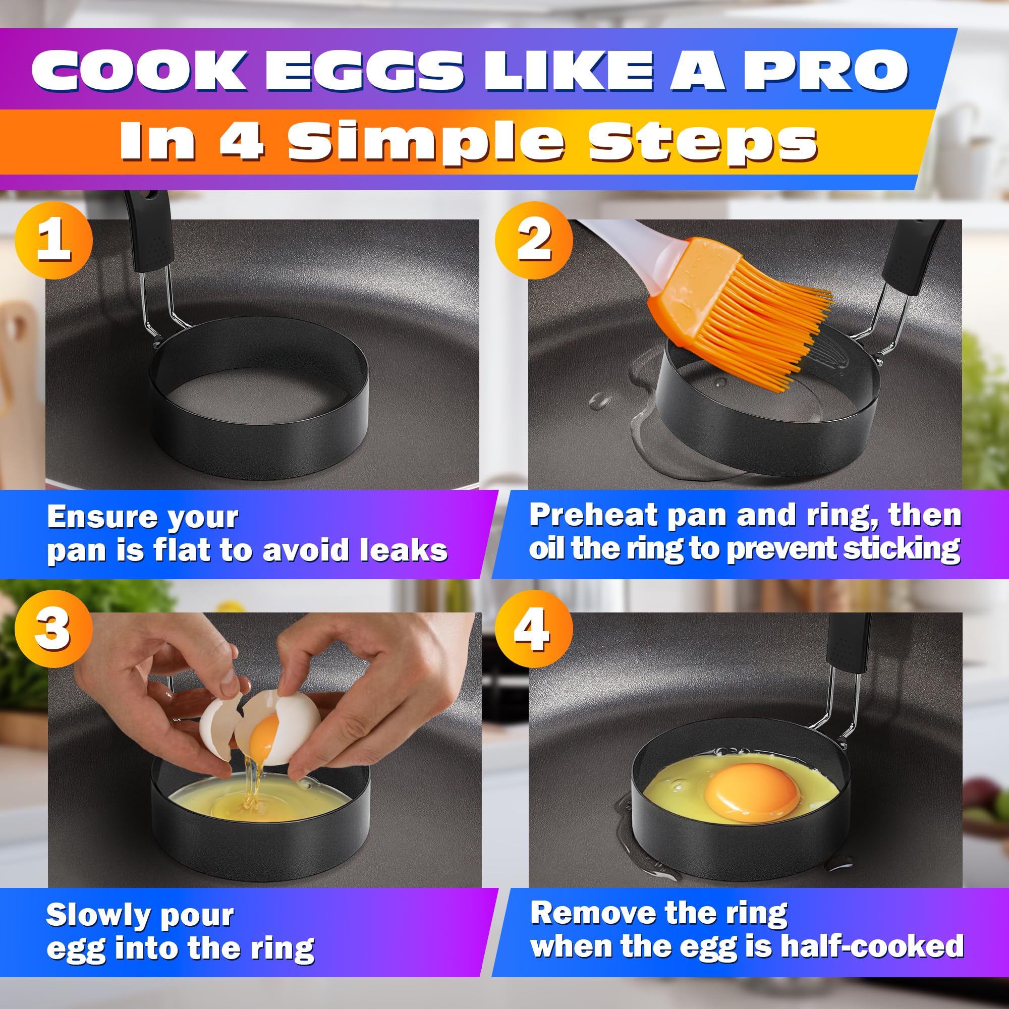 4Pcs Stainless Steel Nonstick Egg Ring Mold Set - Perfect for Round Eggs, Omelets & Mini Pancakes - Ideal for Breakfast, Brunch & Cooking on Griddle or Stovetop