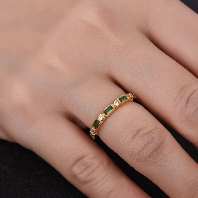 Emerald Wedding Band - Half Eternity Ring Art Deco Style Stackable Sterling Silver Rose Gold Plated Milgrain Ring for Women - Perfect for Anniversary, Engagement & Stacking Jewelry
