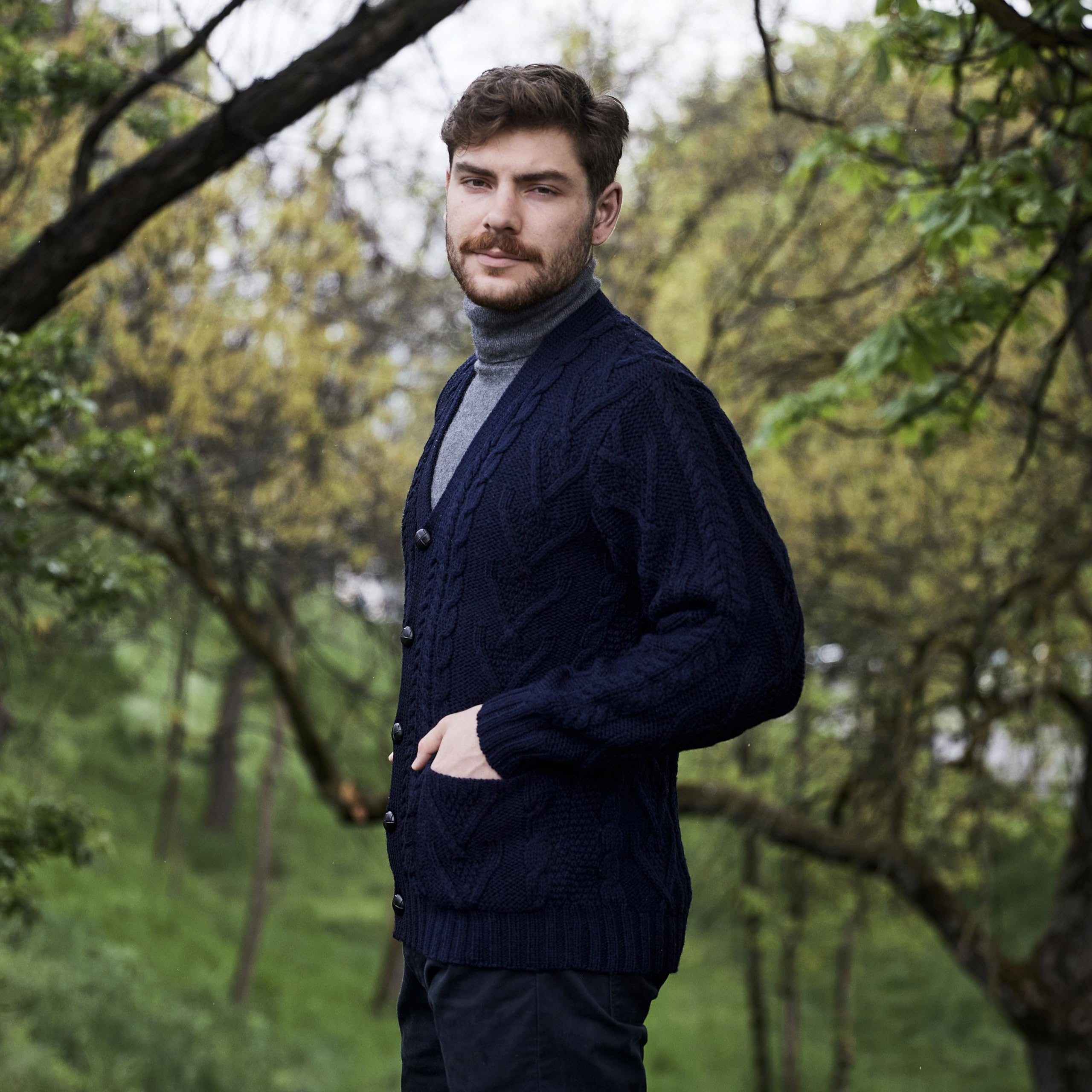 SAOL 100% Merino Wool Men's Aran Cable Knit V-Neck Cardigan Sweater - Irish Style Button-Up Casual Pullover with Pockets - Perfect for Fall, Winter & Office Wear