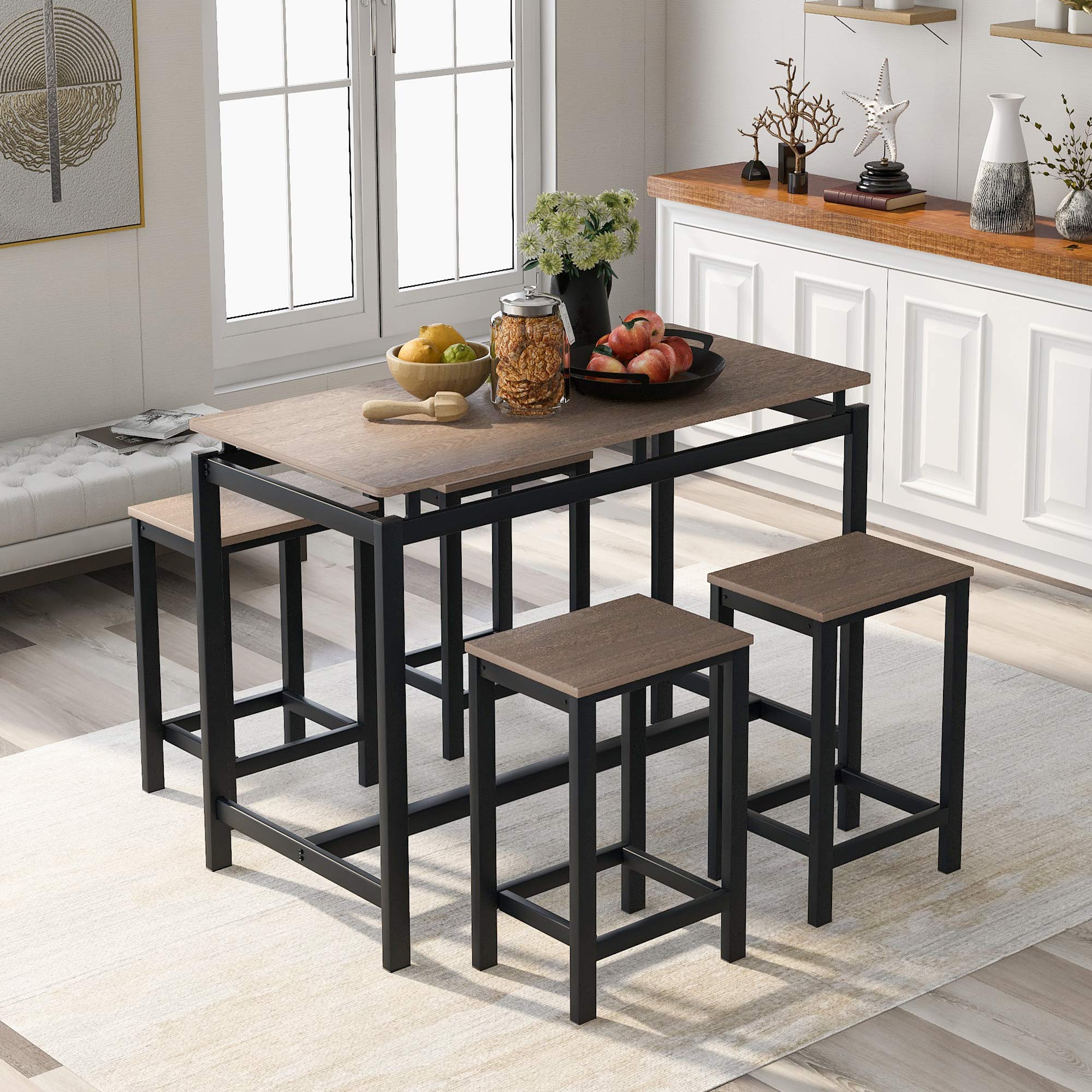 5-Piece Industrial Counter Height Dining Table Set with 4 Bar Stools - Space Saving Rectangular Dark Brown Kitchen Dinette (47.2''L x 23.6''W x 35''H) - Perfect for Small Apartments, Kitchens, Breakfast Nooks & Pub Style Dining