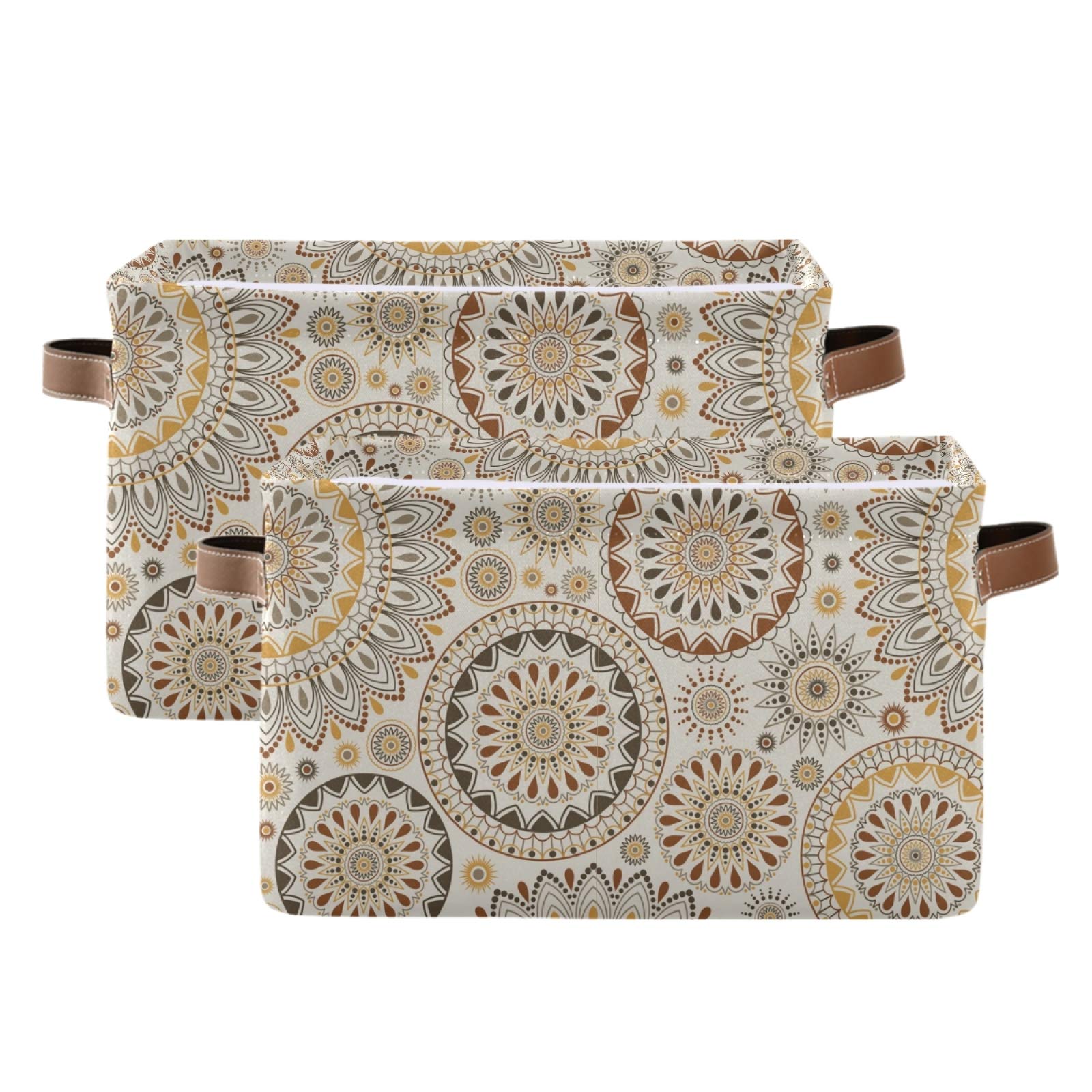 Large Foldable Storage Bins - Eastern Mandala Fabric Collapsible Organizing Baskets with PU Handles (2-Pack) | Perfect for Shelves, Closet, Bedroom & Living Room Organization