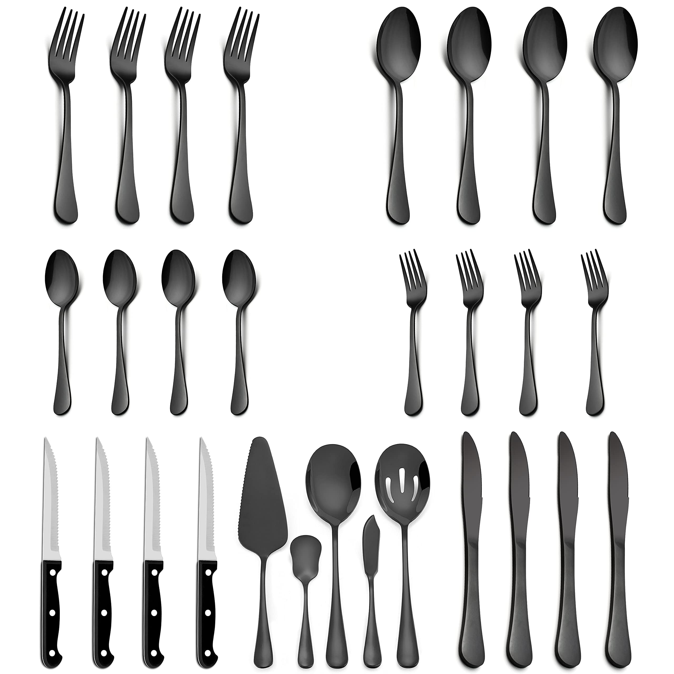 Premium 29-Piece Stainless Steel Flatware Set - Black Silverware with Steak Knives & Serving Utensils for 4 - Elegant Cutlery Set for Home, Dinner Parties & Weddings - Dishwasher Safe - Perfect for Formal Dining & Entertaining