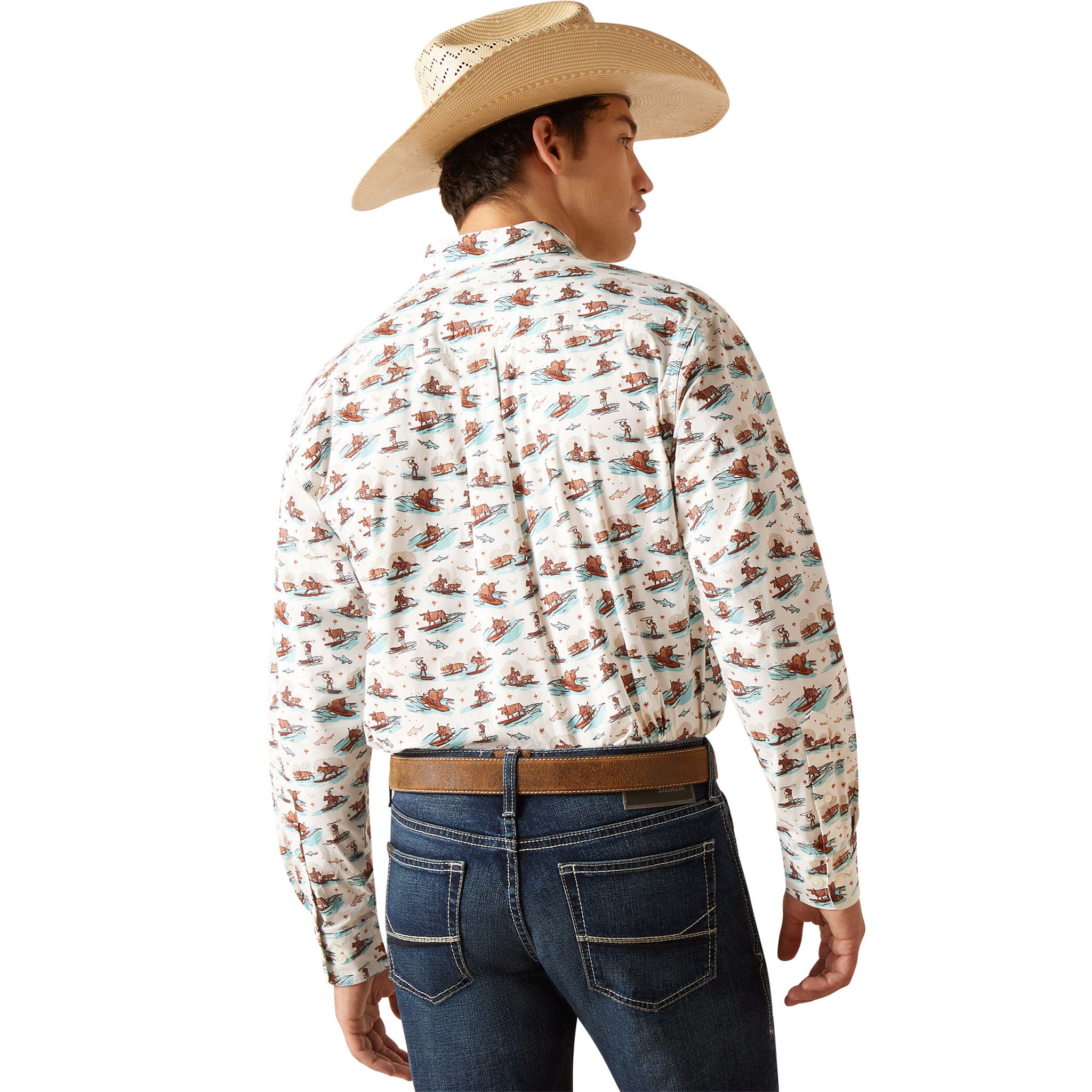 Ariat Men's Long Sleeve Aloha Shirt with Surfing Longhorn Print - Breathable Hawaiian Shirt for Beach, Surfing & Summer Outdoor Activities