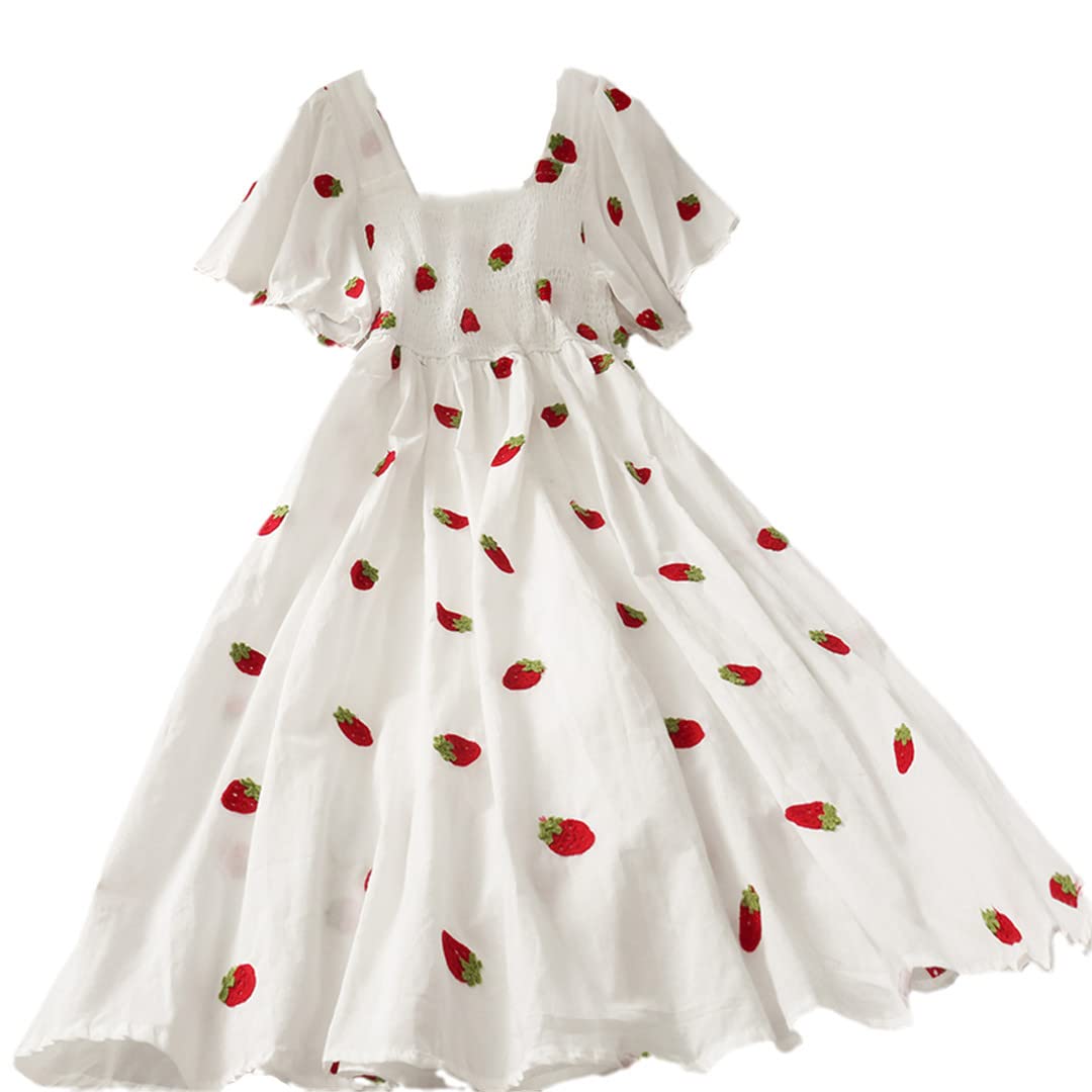 Vintage Strawberry Print Women's Dress - Kawaii Cherry Embroidered Puff Sleeve Square Neck Summer Dress in White | Perfect for Beach Vacations, Date Nights & Kawaii Fashion Outfits