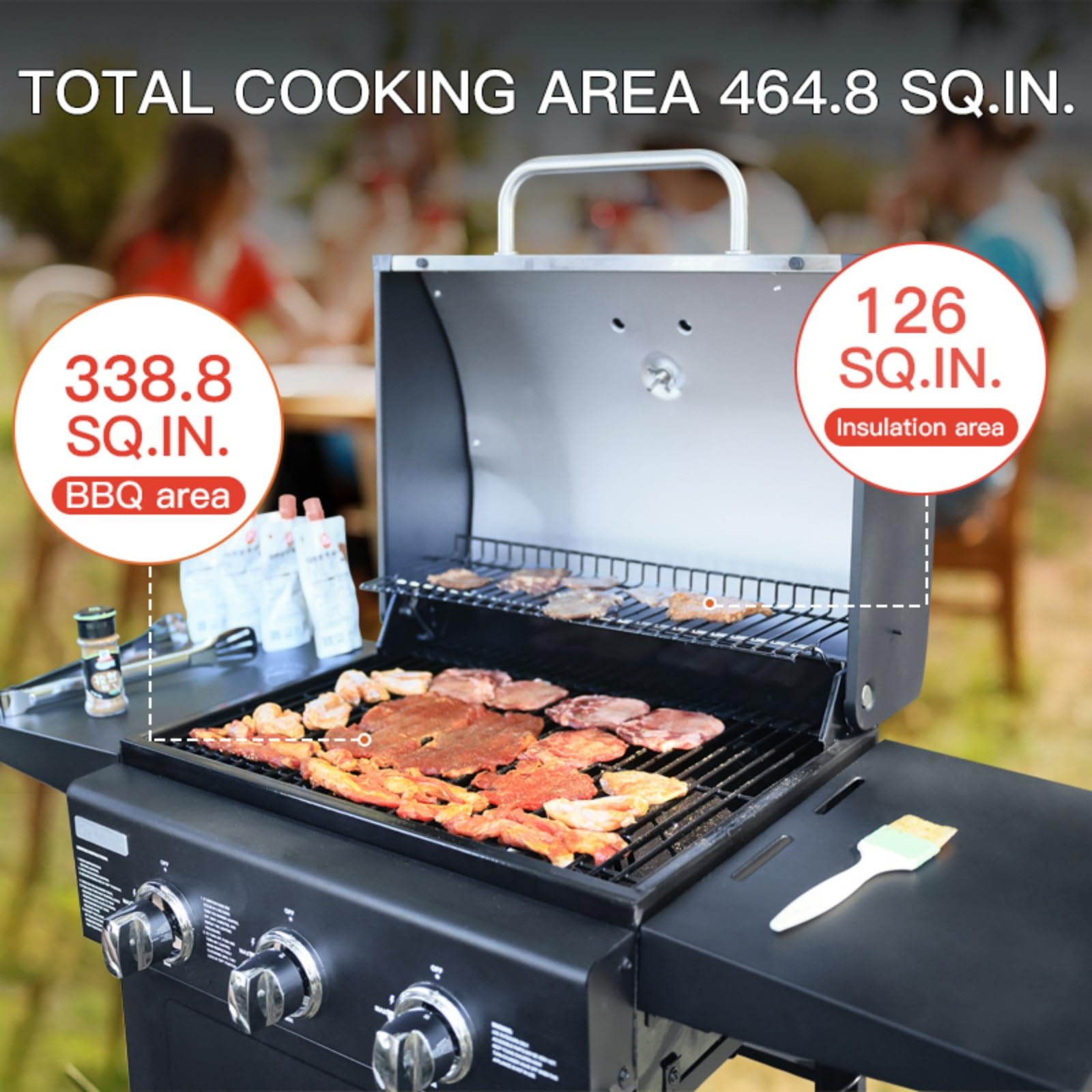 3 Burner Outdoor Propane Gas Grill - 30,000 BTU BBQ Grill with Built-In Thermometer & Foldable Side Tables - Perfect for Patio, Garden, Backyard, Camping and Tailgating Parties