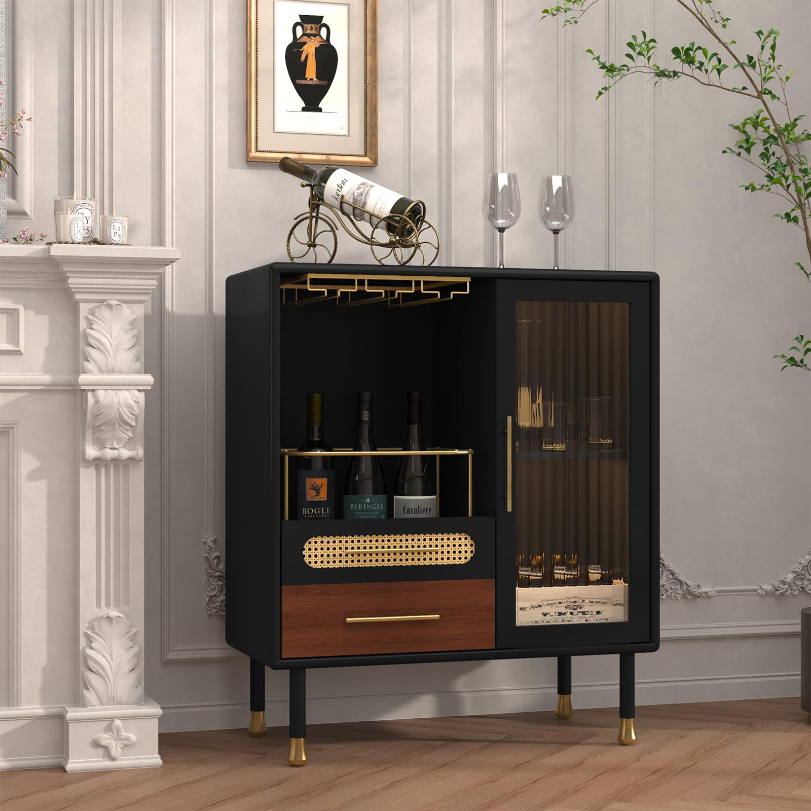 Modern Coffee Bar Cabinet with Wine Glass Rack & Storage Drawers - Black Kitchen Liquor Cabinet with Pull-Out Wine Rack for Dining Room, Living Room & Home Bar - Perfect for Entertaining Guests & Stylish Home Decor