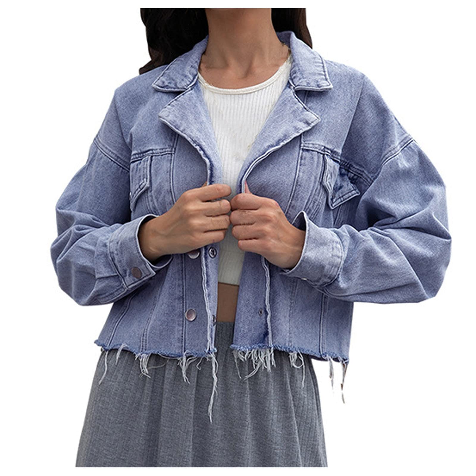 Women's Fashion Denim Fringe Jacket - Casual Cropped Button-Up Coat with Turn Down Collar & Long Sleeves | Perfect for Spring Layering, Date Nights & Street Style Outfits