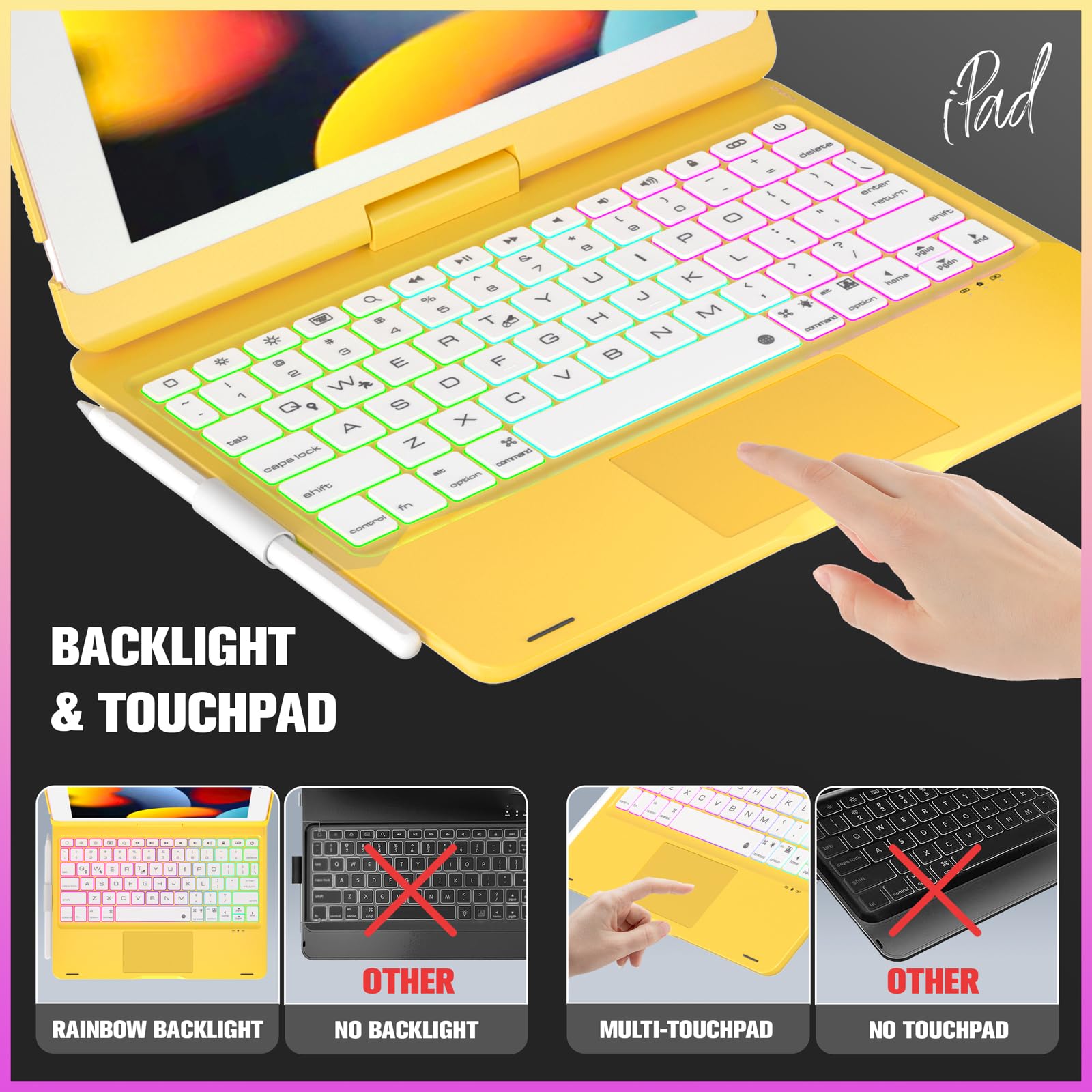 NOKBABO iPad 9th/8th/7th Gen Case with Bluetooth Keyboard - 360° Rotatable Stand, 7-Color Backlit Touchpad & Apple Pencil Holder | Compatible with iPad 10.2 inch & iPad Air 3rd Gen/iPad Pro 10.5 inch | Perfect for Work, Study & Travel (Yellow)