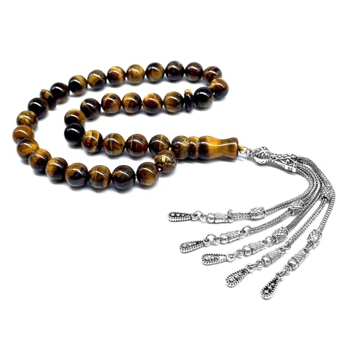 -Tiger Eye Natural Stone with Metal Tassel -10mm-33 Beads-