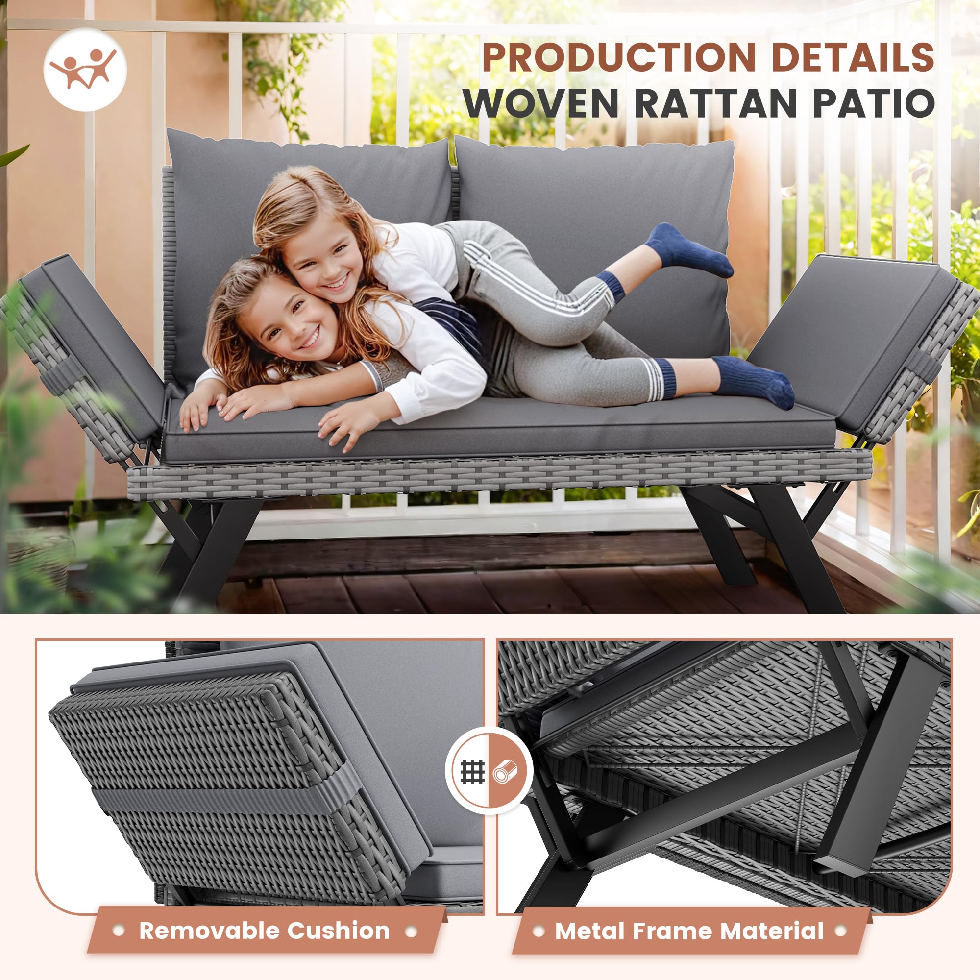 Flamaker Outdoor Convertible Sofa - Woven Rattan Patio Furniture Sunbed with Adjustable Armrests, Removable Cushions & Pillows - Perfect for Patio, Porch, Poolside Lounging (Grey Lounger & Grey Pillowcase) | Outdoor Relaxation, Backyard Decor, Sunbathing Furniture