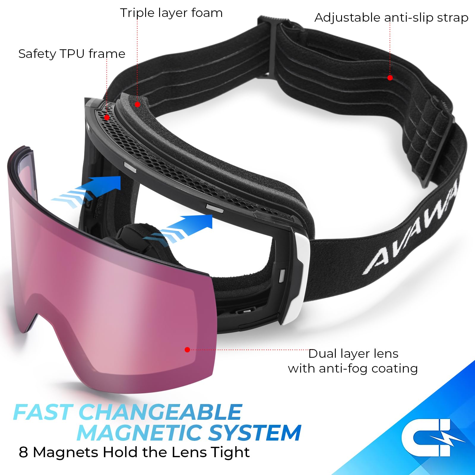 AVAWAY Anti-Fog Ski Goggles for Women & Men - OTG Compatible Snowboard Goggles with UV Protection for Winter Sports | Perfect for Skiing, Snowboarding & Outdoor Winter Activities