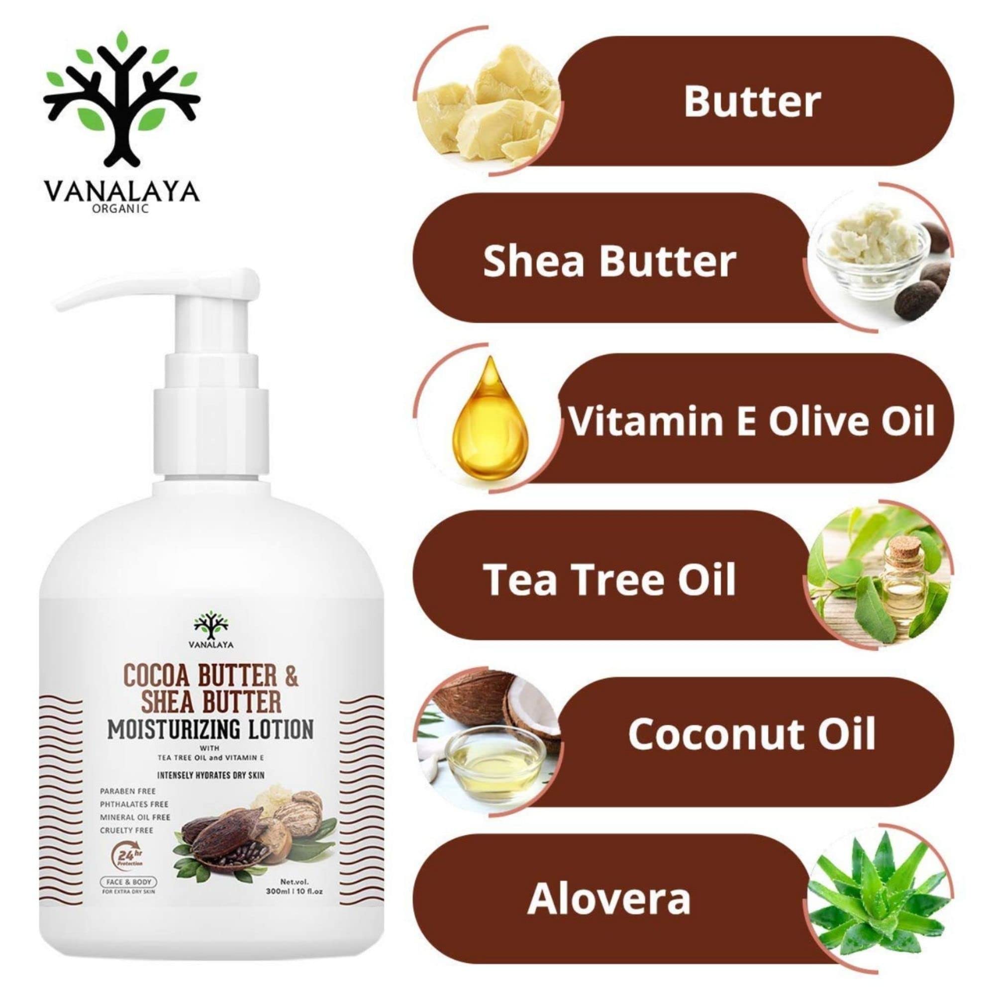 Vanalaya Cocoa Butter & Shea Butter Moisturizing Lotion with Vitamin E & Coconut Oil - Deep Hydration for Dry Skin on Face & Body - 300ml - Perfect for Daily Skincare & After-Sun Care