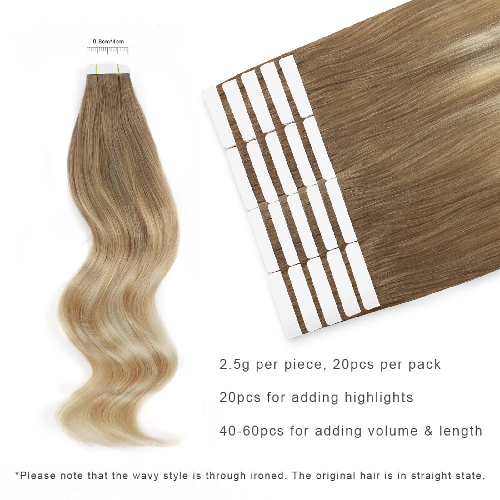 ABH AMAZINGBEAUTY 18 Inch Human Hair Tape-In Extensions - Balayage Ash Brown to Dirty Blonde with Platinum Blonde Highlights (50g, 20pcs) #B8-18-60 | Perfect for Volume, Length & Styling for Parties, Weddings & Daily Wear