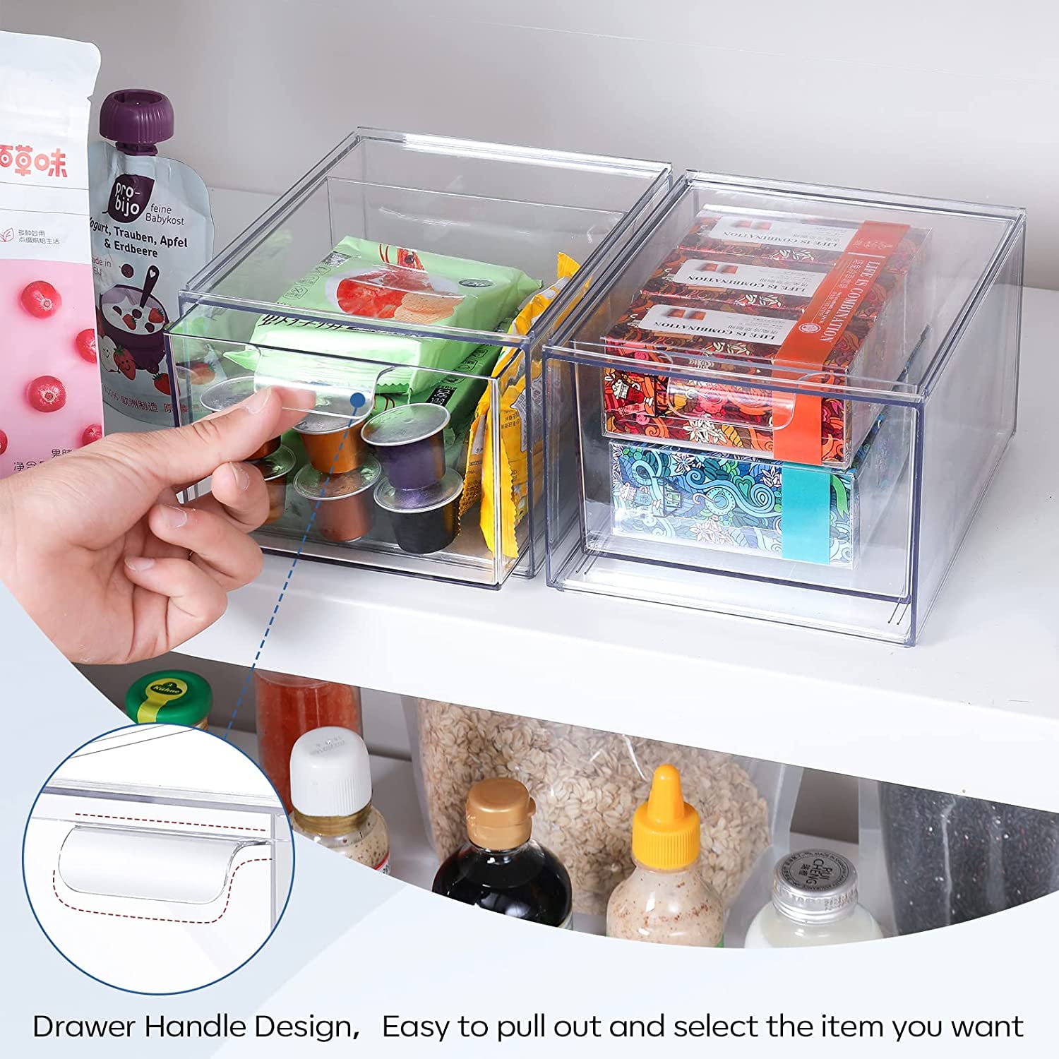 4 Pack Stackable Clear Plastic Drawer Organizer Bins - Bathroom & Kitchen Storage Containers for Cosmetics, Makeup, Nail Art - Under Sink Organization Solution (Perfect for Bedroom, Office & Vanity Organizing)