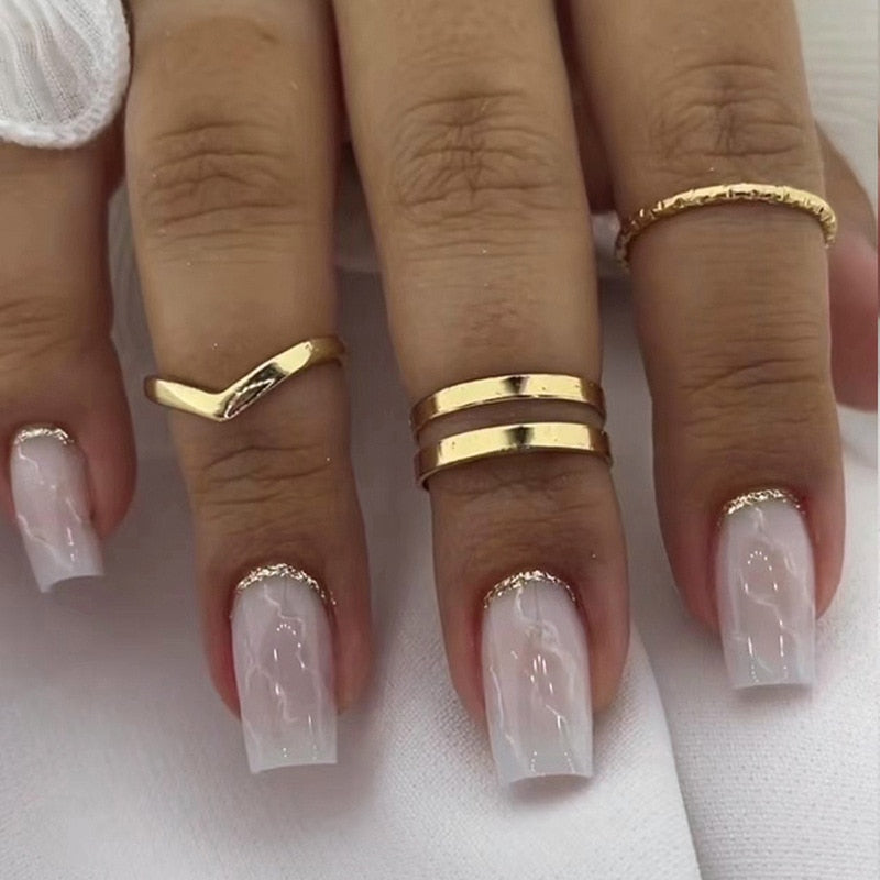 24pcs Press On Nails - Elegant Pink Gradient Glitter French Short Fake Nails, Coffin Shape Full Cover False Nails for Women | Perfect for Parties, Weddings & Everyday Wear