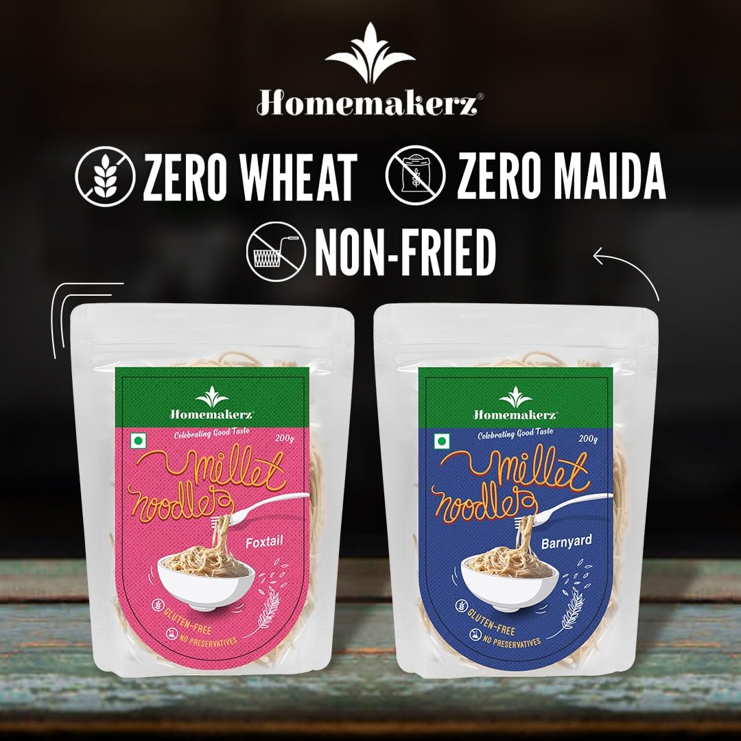 **Homemakerz Banyard Millet Noodles – Natural, Preservative-Free, Gluten-Free, Fat-Free, No Oil, Zero Maida & Wheat – Healthy & Tasty Hakka Millet Noodles with High Fiber (200g) – Perfect for Vegan, Keto & Gluten-Free Diets**