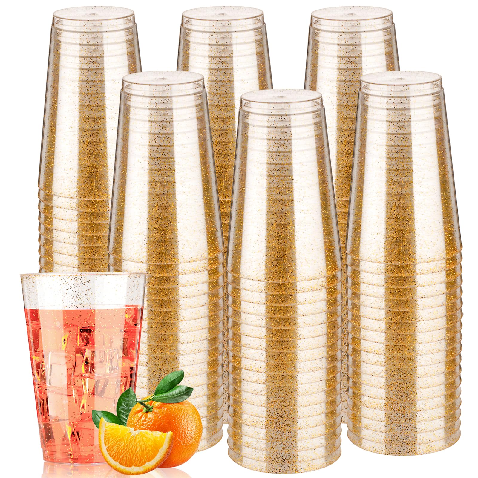 Goodluck 14 oz 200-Pack Gold Glitter Plastic Cups - Disposable Sparkling Party Cups for Cocktails, Weddings, Birthdays & Holidays - Elegant Drinkware for Celebrations & Special Events