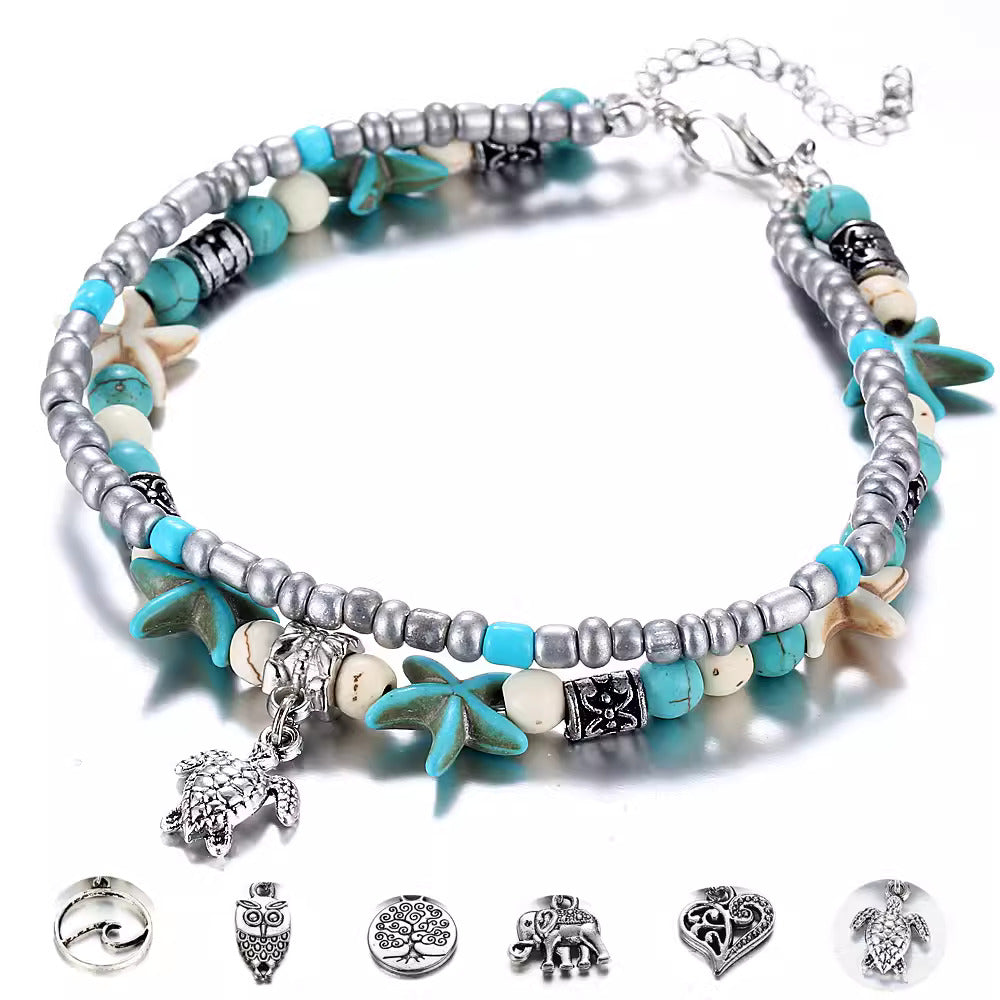Boho Turquoise Glass Beaded Anklet Bracelet for Women | Handmade Adjustable Ankle Bracelet | Perfect for Beach, Festival, Summer Outfits | X1805