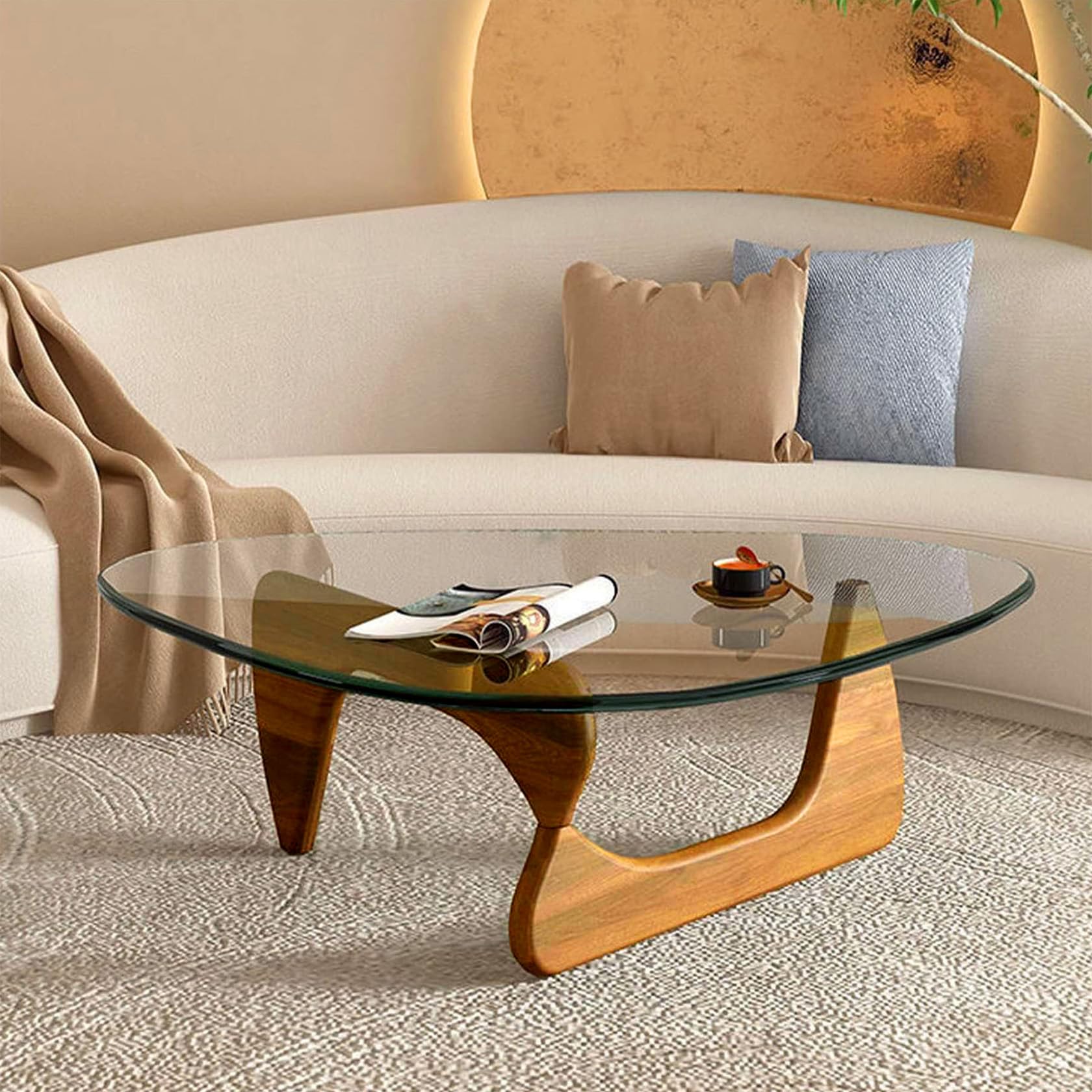 Modern Triangle Glass Coffee Table with Wooden Base - Mid-Century Abstract End Table for Living Room, Study, Office, Hotel & Balcony - Walnut & Transparent Design (32.2