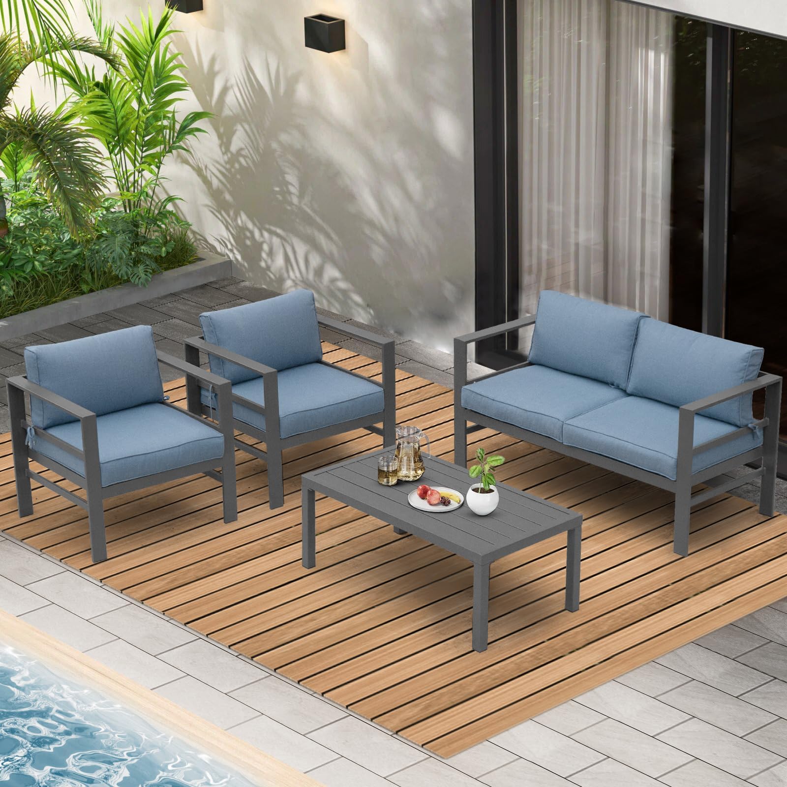 4-Piece Cast Aluminum Outdoor Patio Furniture Set - Modern Grey Metal Frame Sectional Sofa with Blue Cushions & Coffee Table - Perfect for Garden, Backyard, Poolside & Terrace Relaxation
