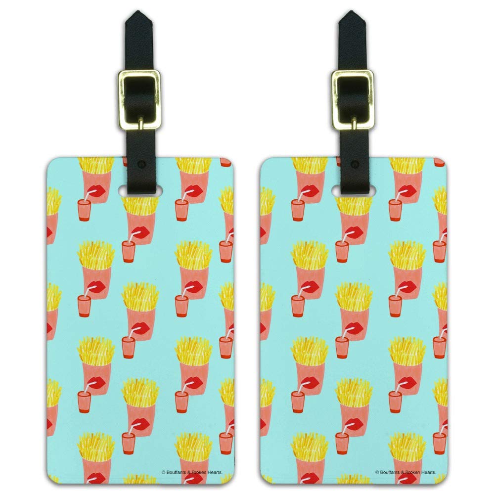 French Fries and Soda Pop Pattern Luggage ID Tags - Set of 2 Waterproof Travel Bag Tags for Suitcases, Backpacks & Carry-Ons - Fun Unique Gift for Food Lovers