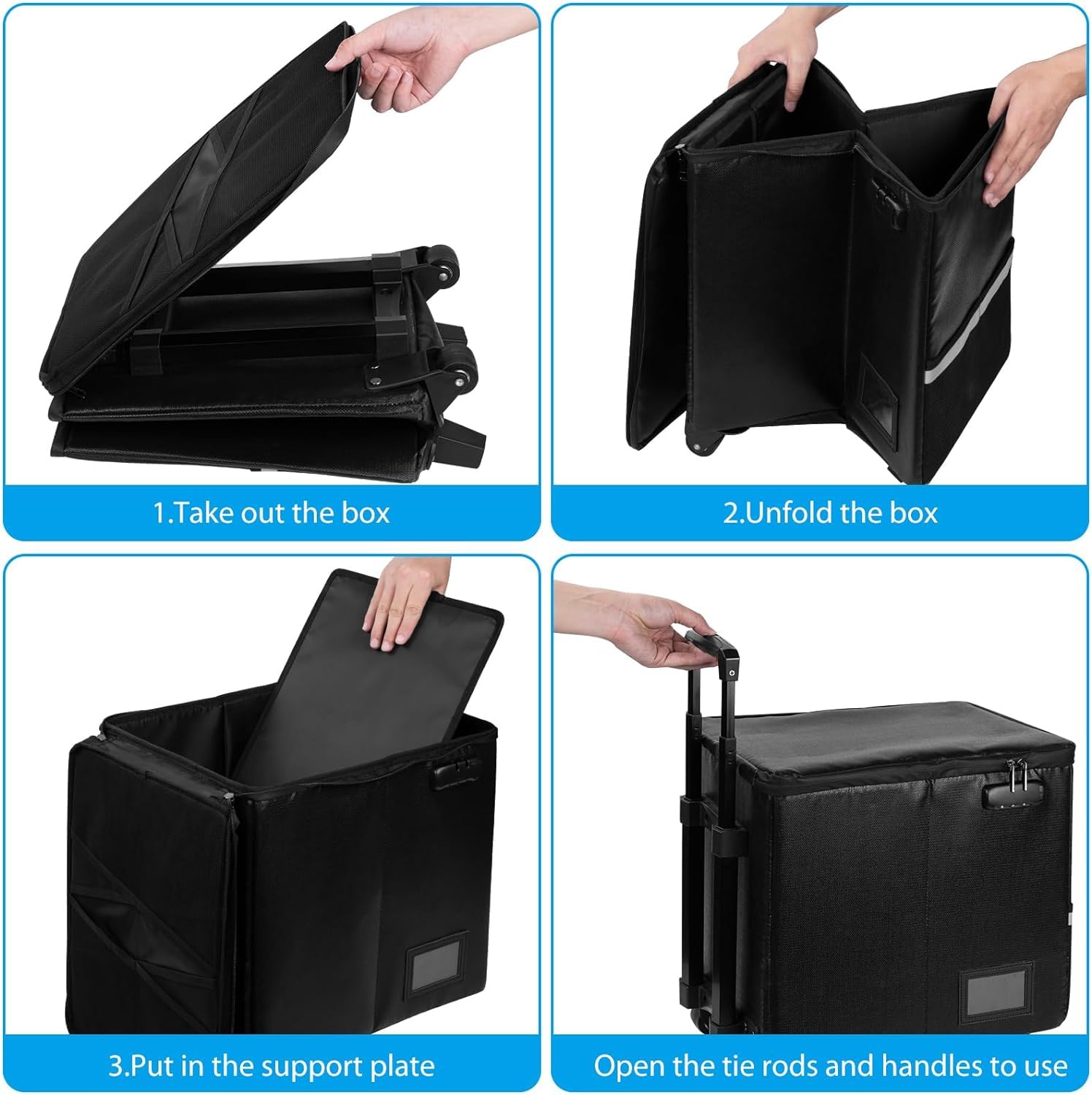 Fireproof Rolling File Box with Wheels & Lock - Portable Collapsible File Storage Cart with Telescopic Handle - Black - Ideal for Office, Home & School Document Organization