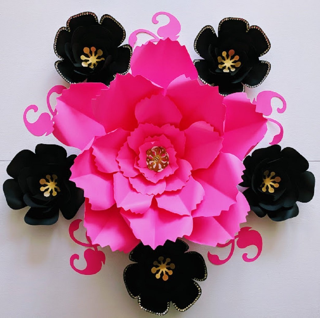 Black and Fuchsia Paper Flower Backdrop - 6 Pre-Assembled Paper Flowers with 5 Leaves for Wedding, Party & Home Decor