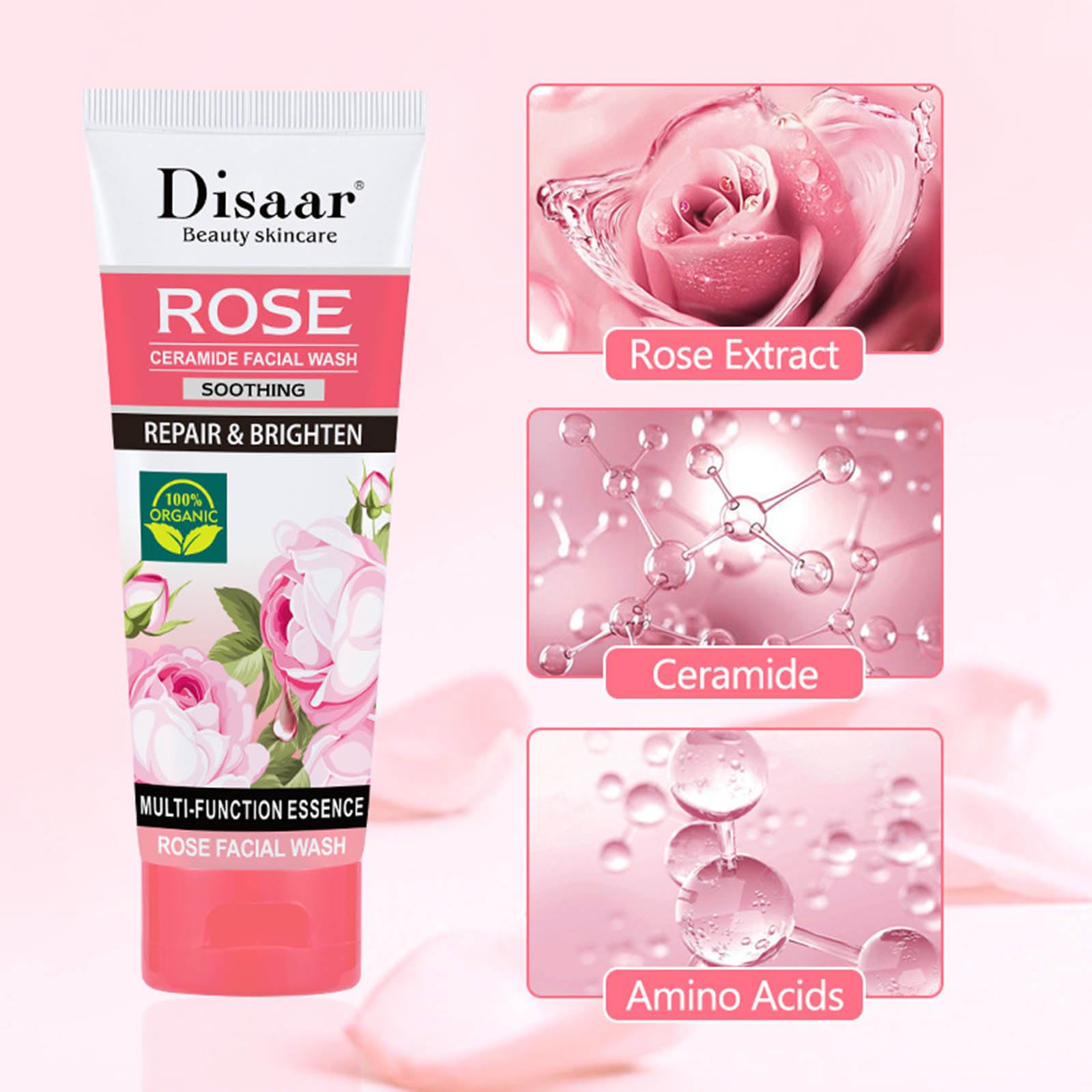 Rose Foaming Facial Cleanser with Rose Extract - Deep Cleansing & Moisturizing for Blackhead Removal, Hydrates & Balances Skin | Perfect for Daily Skincare Routine & Makeup Removal