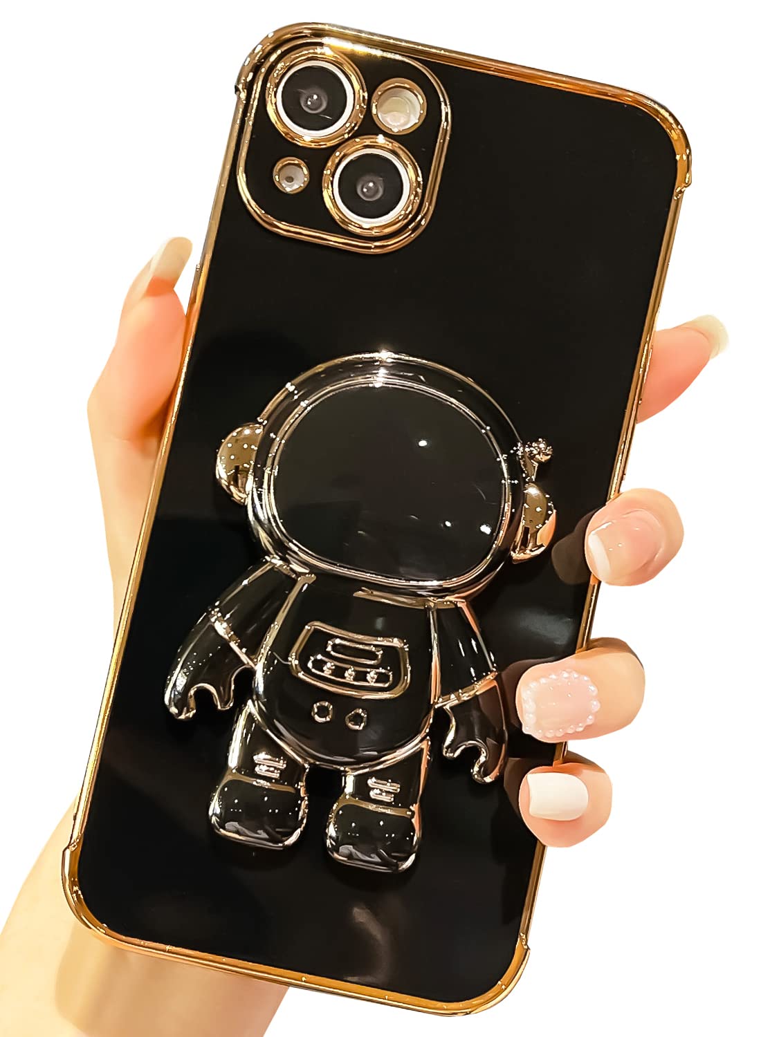 BANAILOA Cute 3D Astronaut iPhone 14 Plus Case for Women (6.7 inch) - Soft TPU Protective Phone Cover with Kickstand, Plating Design, Girly Style | Perfect for Everyday Use, Work, Travel & Gift Giving (Black)
