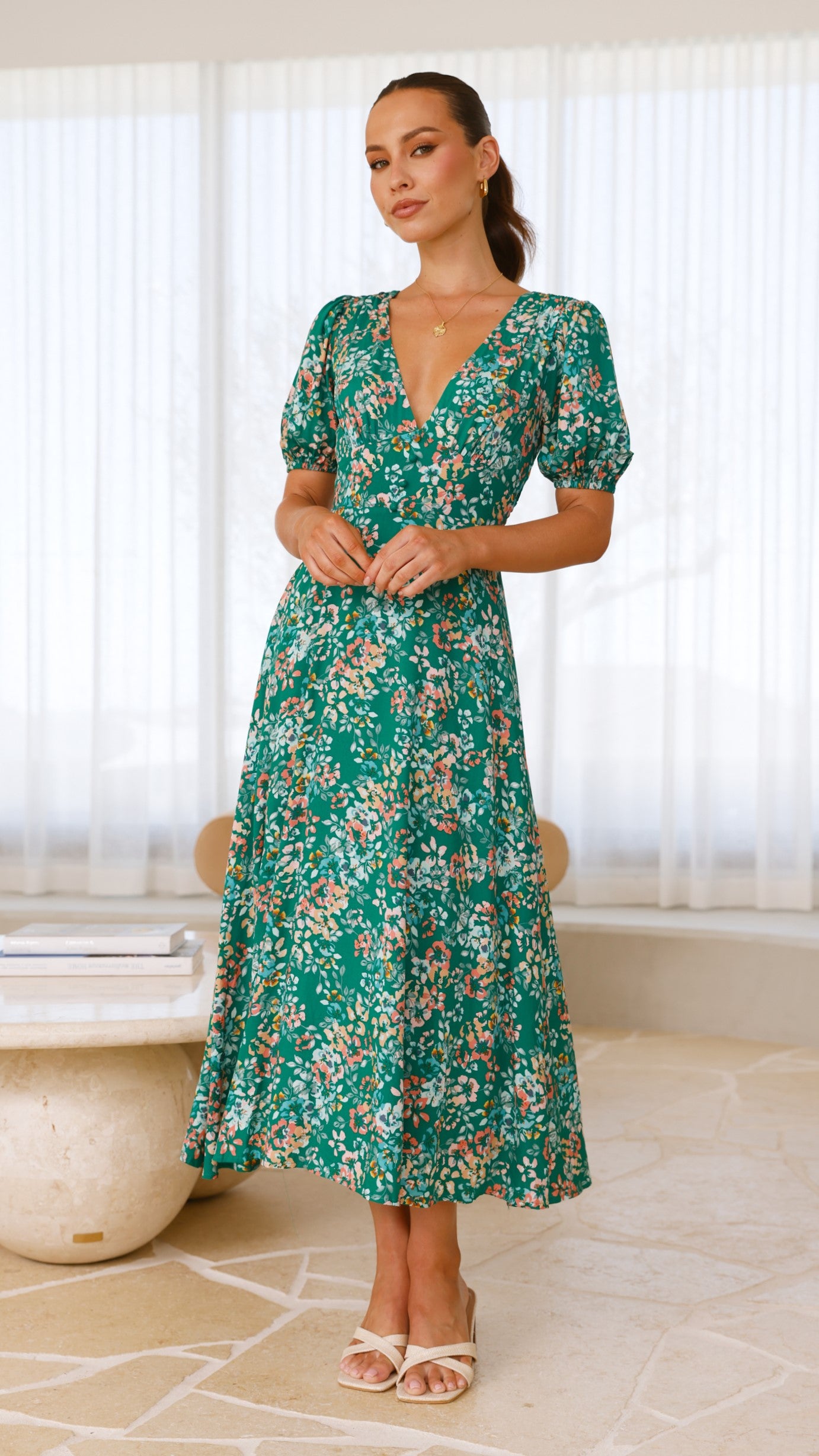 Itzel Green Floral Midi Dress - Elegant Summer Dress for Women, Perfect for Casual Outings, Beach Vacations, and Date Nights