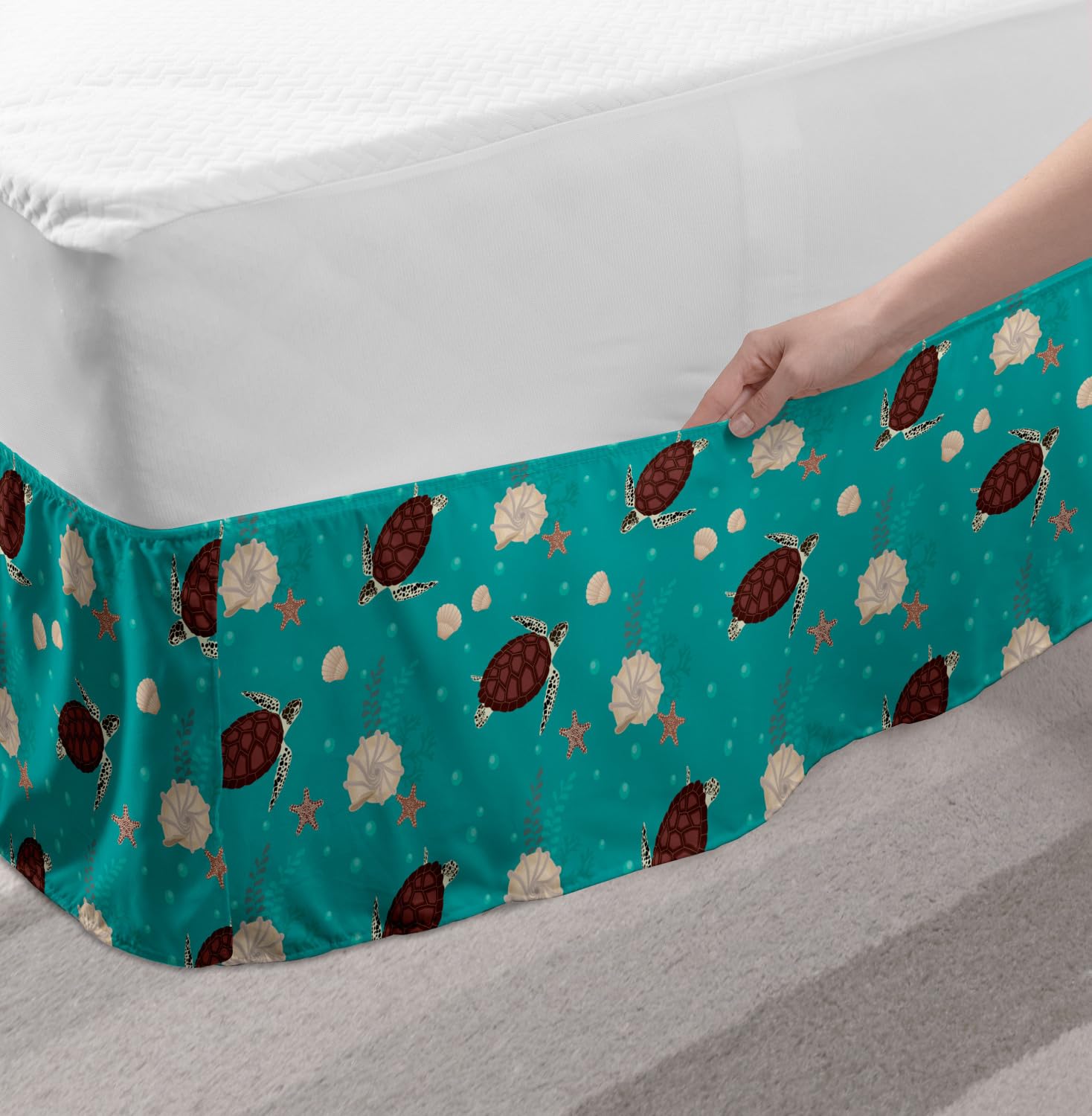 Ambesonne Marine Bed Skirt with Continuous Bubbles, Turtles, Starfish & Shells - Elastic Wrap Around Gathered Design for King Size Beds - Dark Seafoam Chocolate - Perfect for Beach Themed Bedrooms & Coastal Home Decor