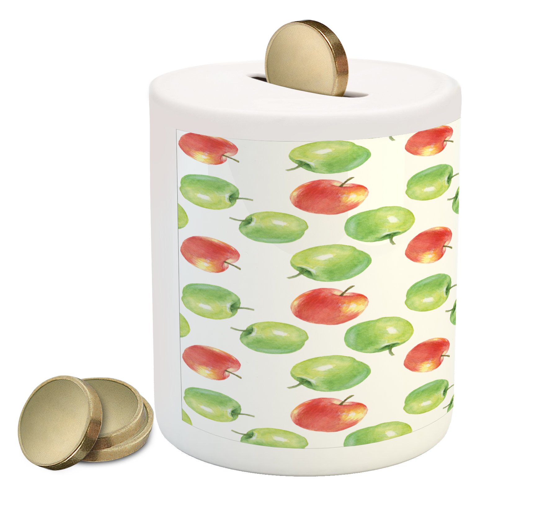 Ambesonne Ceramic Piggy Bank - Watercolor Granny Smith Apple Design with Brush Stroke Effect, Coin Bank for Saving Money (Dark Coral & Green) | Perfect for Kids' Savings, Gift Ideas & Home Decor