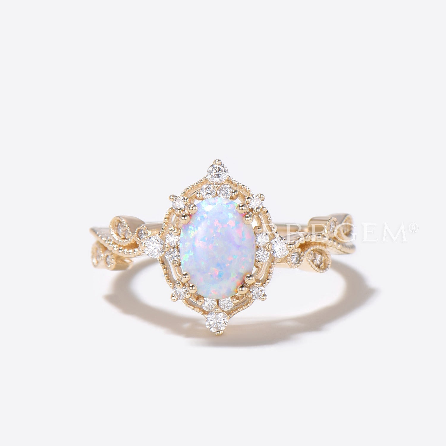 14K Yellow Gold White Opal Engagement Ring with Diamond Accents - Filigree Milgrain Wedding Band for Women, Bridal Jewelry Gift for Her | Perfect for Proposals, Anniversaries & Special Occasions