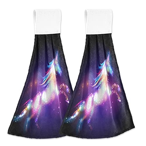 Magical Unicorn Kitchen Towels - 2PCS Soft Absorbent Dish Cloths with Hanging Loop, Colorful Galaxy Star Design for Bathroom, Oven, Stove Handle & Tabletop - Perfect for Cooking, Cleaning & Home Decor