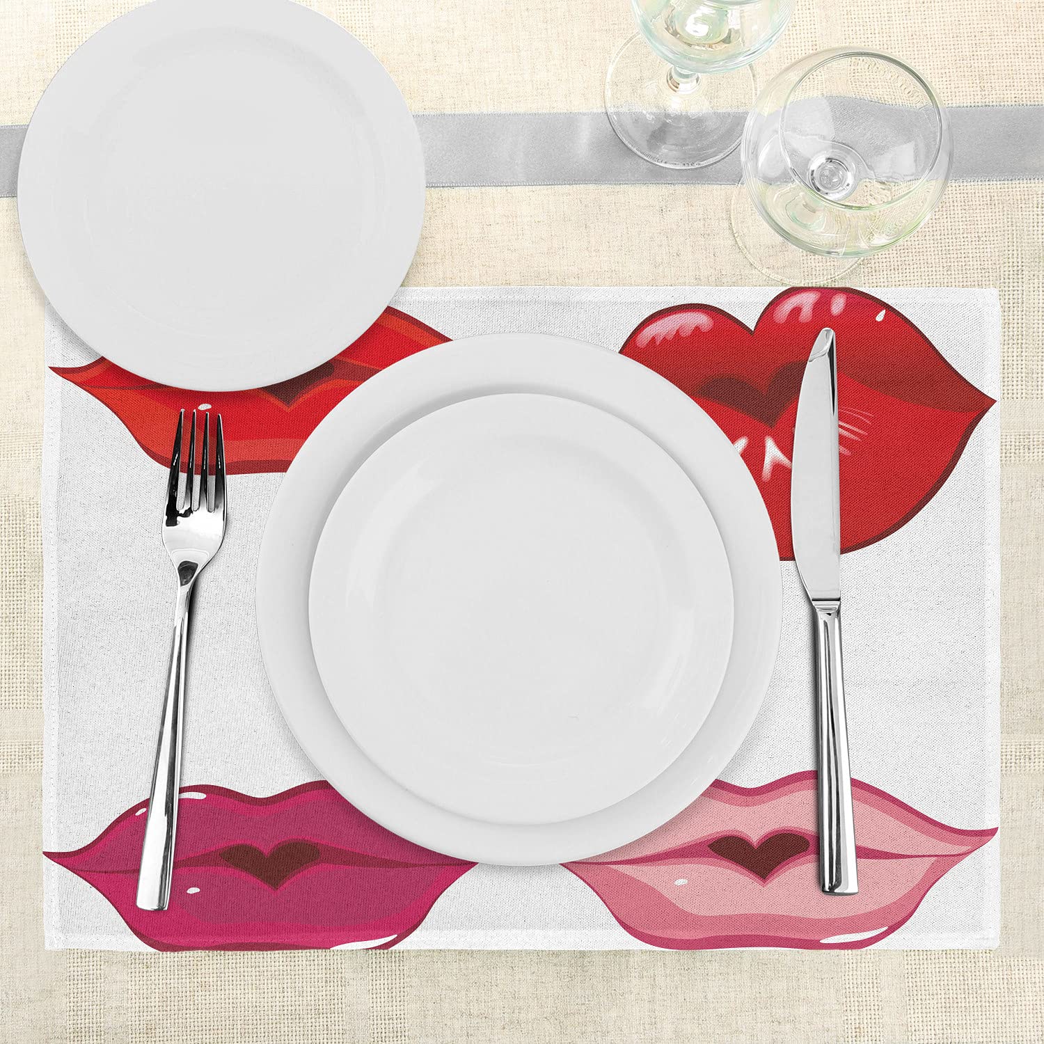 Ambesonne 4-Pack Washable Fabric Placemats for Dining Table - Red & White Kitchen Decor - Perfect for Everyday Meals, Dinner Parties & Holiday Gatherings