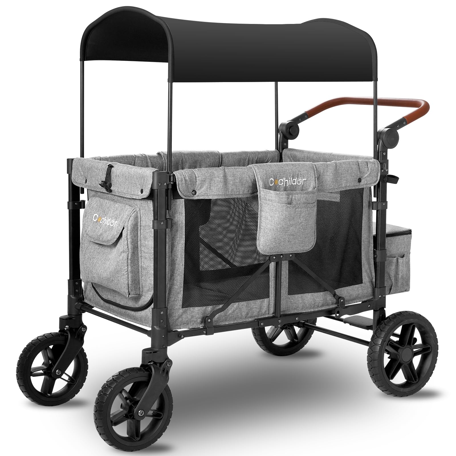 **CoChildor 4-Seater Stroller Wagon for Kids – Premium Folding Quad Wagon with 5-Point Harness, Adjustable Push/Pull Handles, Removable UV Canopy & Storage Pockets – Light Grey – Perfect for Park Outings, Beach Trips & Family Adventures**