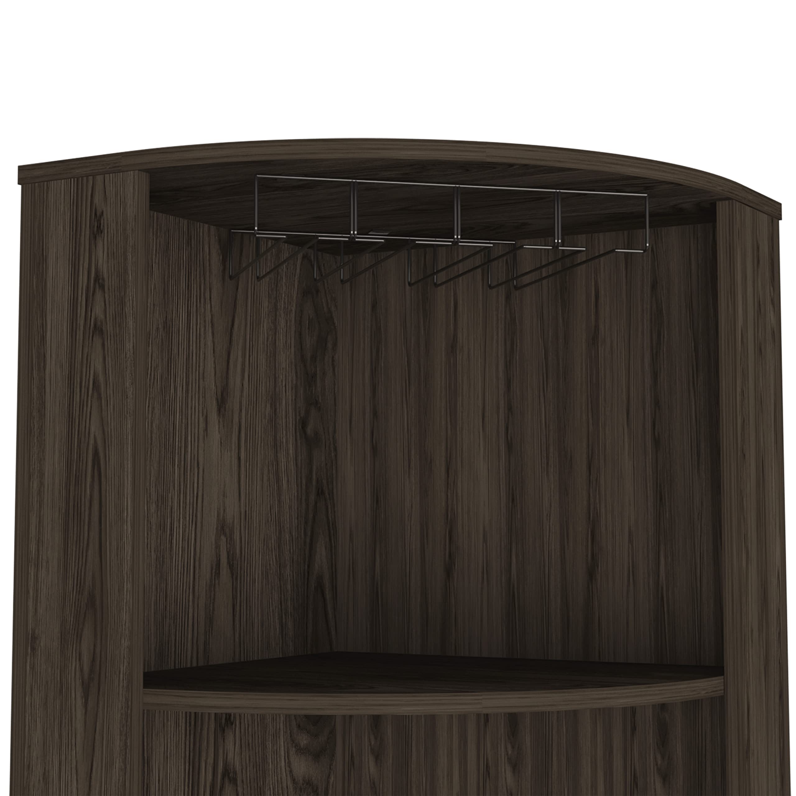 Seattle Corner Bar Cabinet with 3 Open Shelves, Glass Rack, 8 Bottle Storage & Double Doors - Dark Walnut Finish | Perfect for Home Bar, Kitchen, Dining Room & Entertaining Spaces