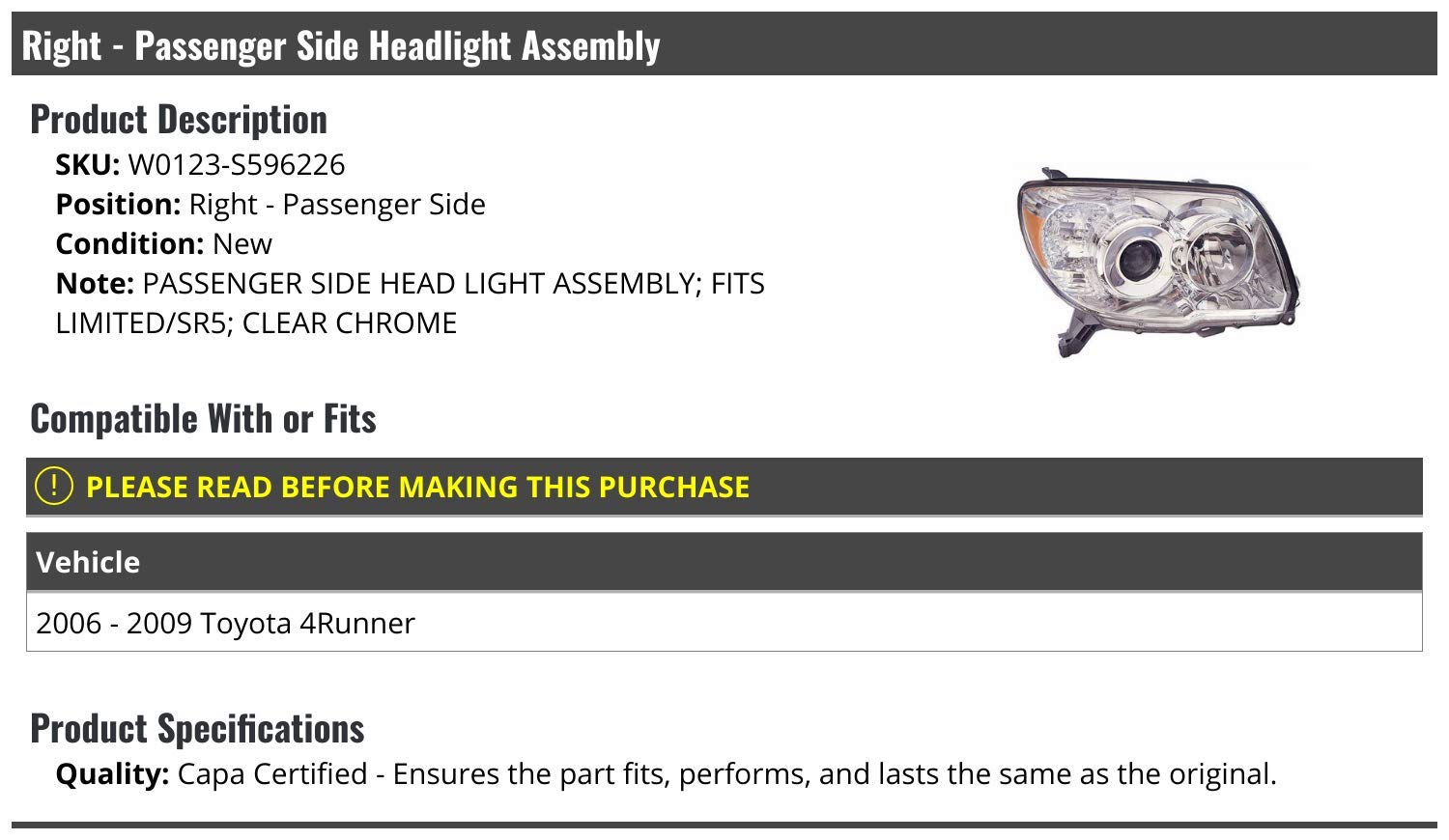 Right Passenger Side Headlight Assembly for 2006-2009 Toyota 4Runner - OEM Replacement, Durable ABS Housing, Weather-Resistant - Perfect for Night Driving & Off-Road Adventures