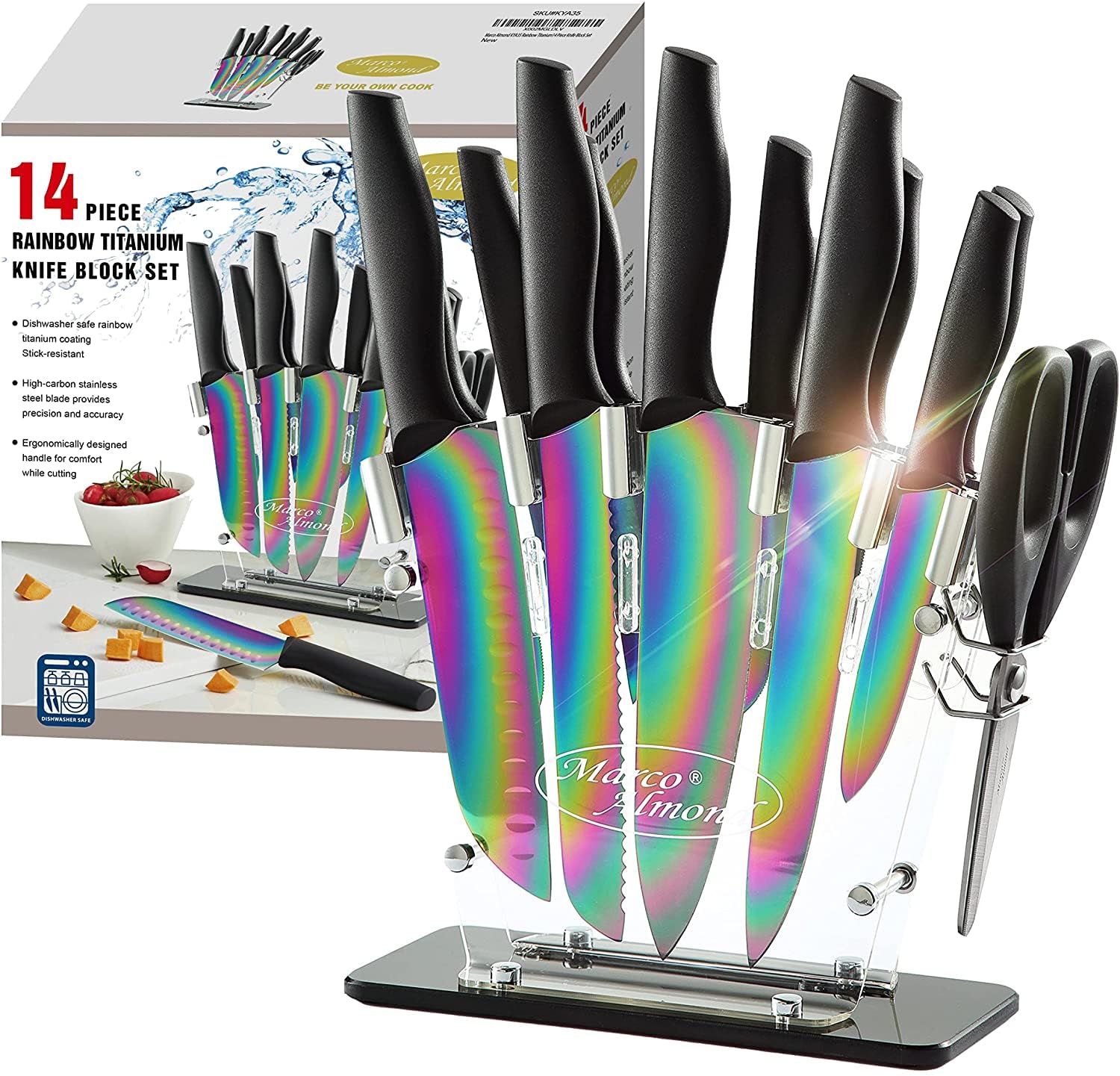 Marco Almond® 14-Piece Rainbow Color Stainless Steel Knife Block Set - Professional Chef Knives for Kitchen with Acrylic Stand | Perfect for Home Cooking, Restaurant Use & Gift Giving