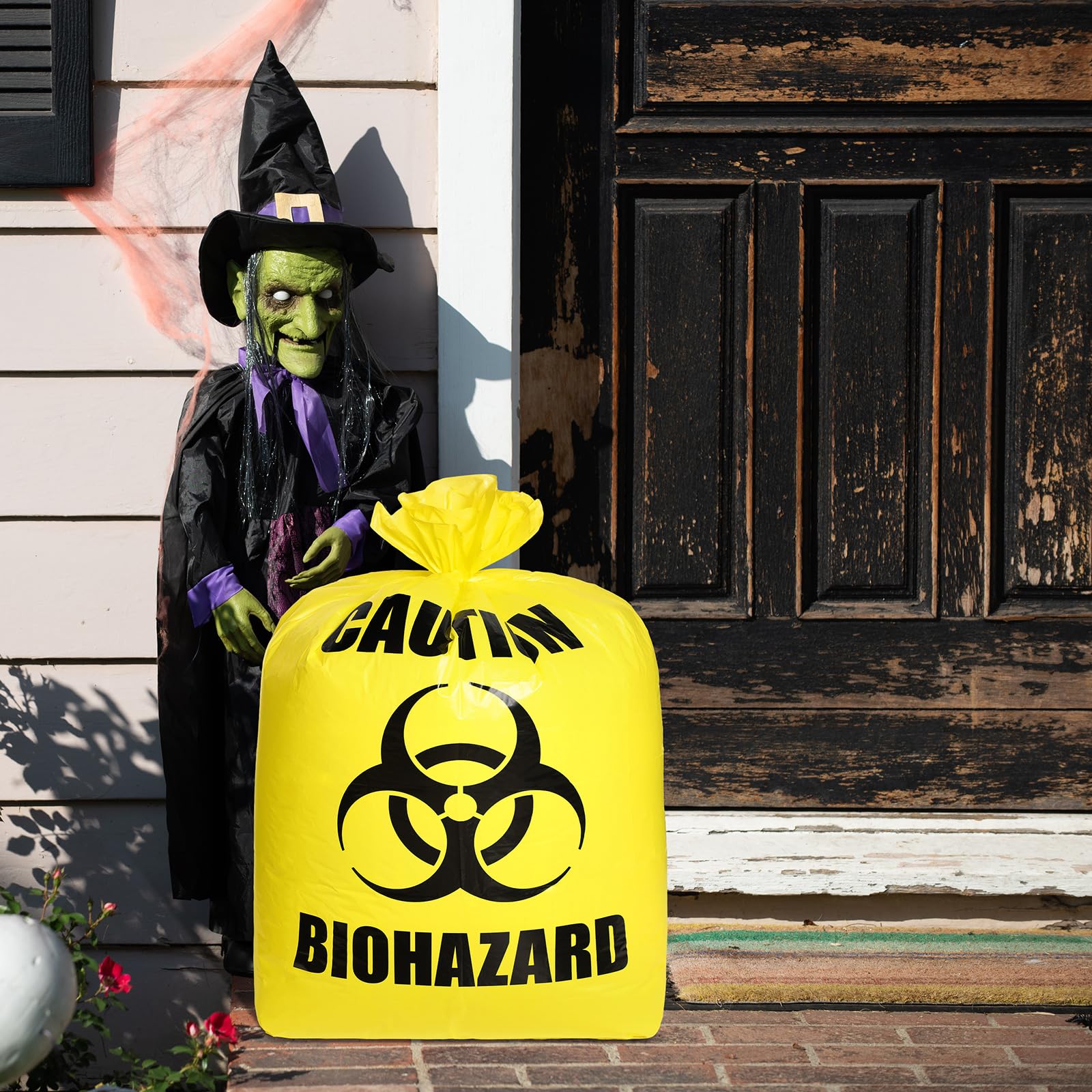 Qilery 8-Pack Large Halloween Leaf Trash Bags - Heavy Duty Plastic Lawn Waste Bags for Outdoor Fall Cleanup, Biohazard Party Decor, Zombie Themed Halloween Garden & Yard Waste Collection - Perfect for Halloween Parties, Yard Work, and Spooky Decorations