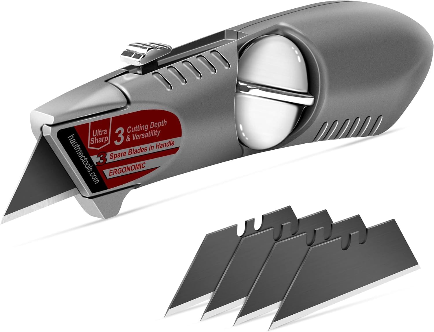 HAUTMEC Heavy-Duty Retractable Utility Knife - 3 Position Fixed Blade Box Cutter with Quick Change System & 3 Extra Blades - Aluminum Alloy Safety Razor Knife for Warehouse, Shipping, Packaging, DIY Projects HT0247-KN