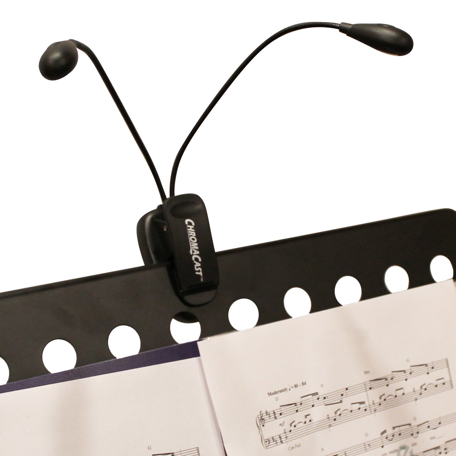 ChromaCast LED Music Stand Clip-On Dual Head Book Light - Adjustable Brightness 2-Level Reading Lamp for Bed, Piano, Sheet Music - Lightweight & Portable with Batteries & Wall Adapter Included