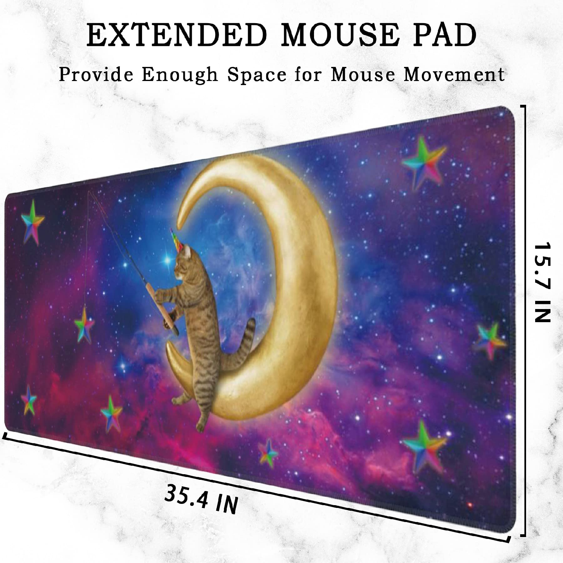 Elightvap Large Gaming Mouse Pad with Cat Moon Stars Design - Non-Slip Rubber Base & Stitched Edges - 35.5