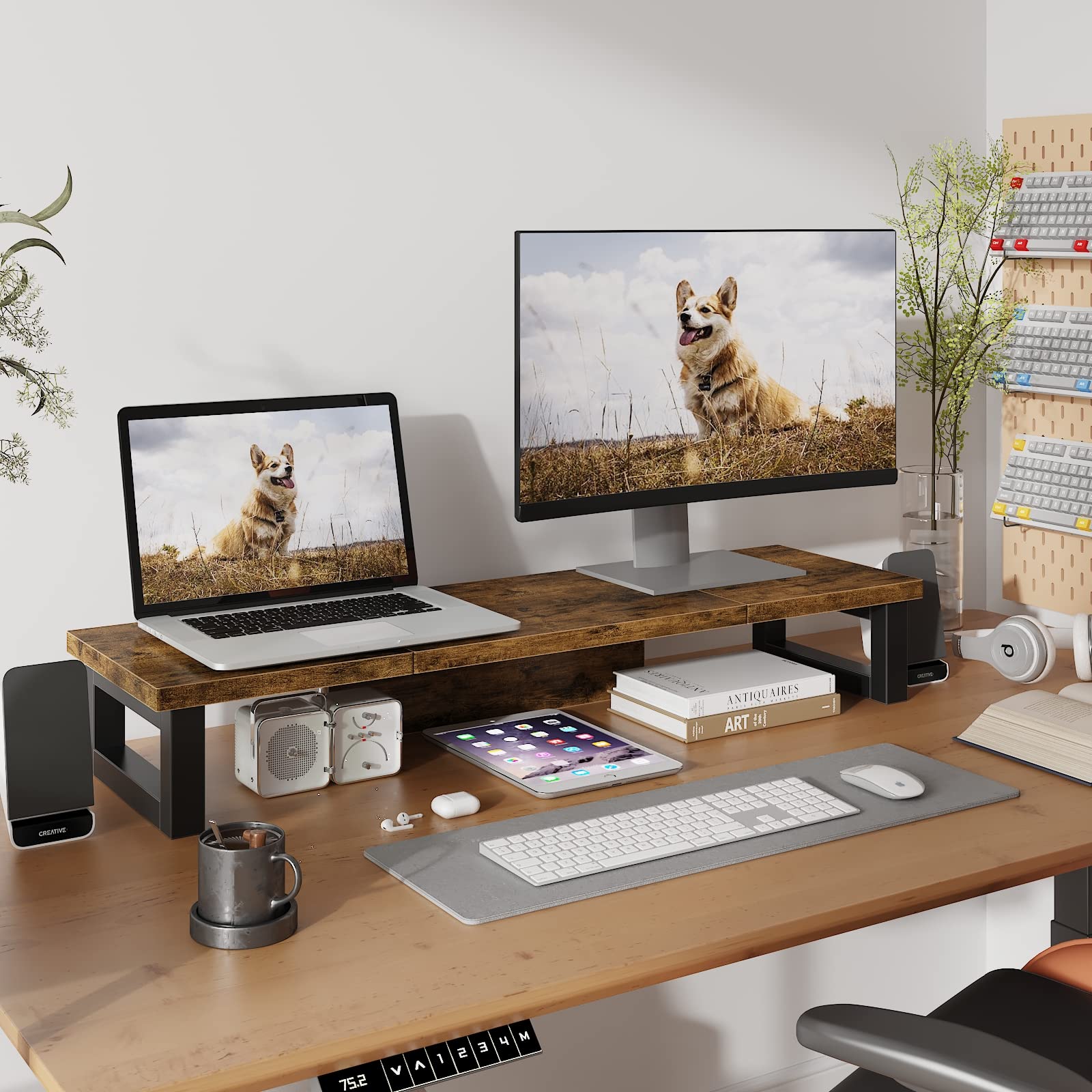 Premium WESTREE Dual Monitor Stand Riser - Sturdy Wood & Steel Computer Monitor Stand for 2 Screens - Multi-Purpose Desktop Organizer for PC, Laptop, Printer & TV - Perfect for Home Office, Gaming Setup & Workspace Organization