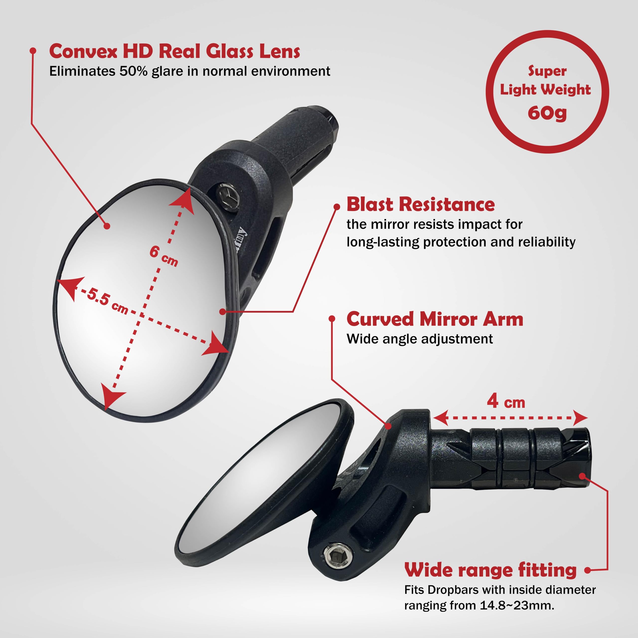 Hafny Drop Bar Bike Mirror - HD Shatter-Proof Convex Blue Glass Mirror for Road Bikes | Bar End Bicycle Mirror with Automotive Grade Glass Lens | Perfect for Commuting, Touring & Road Cycling Safety