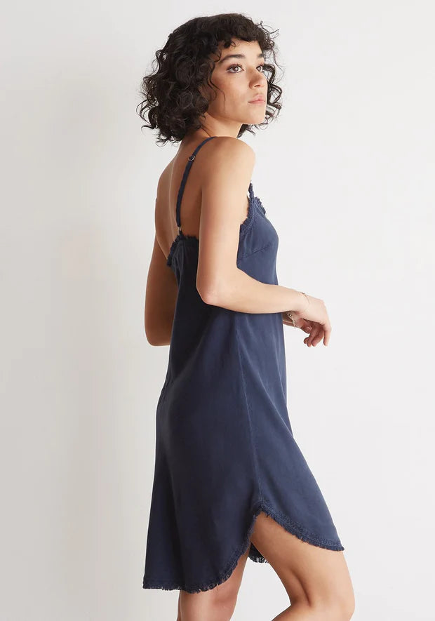 Frayed Cami Dress Bermuda Navy - Women's Summer Boho Beach Dress for Vacation, Party & Casual Wear