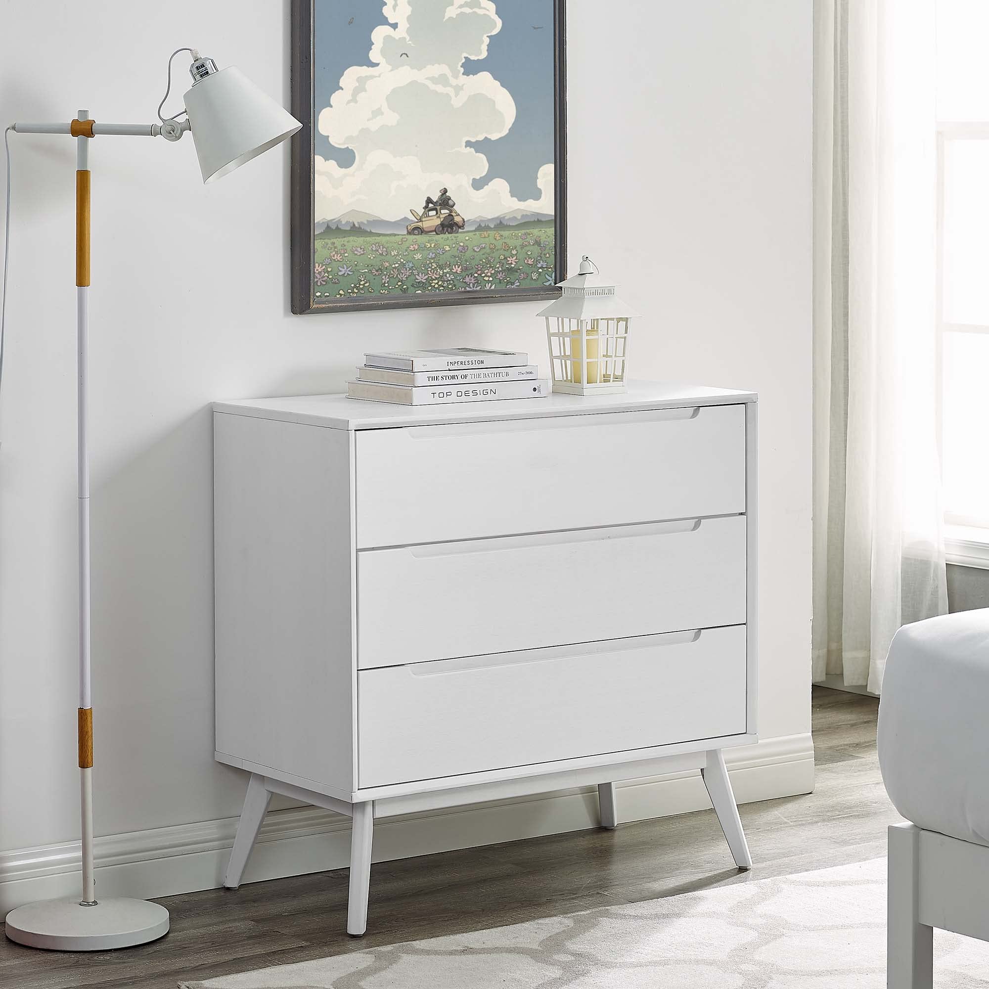 Mid Century Modern 3-Drawer Solid Wood Dresser - Stylish Storage Organizer for Bedroom, Living Room, Hallway & Entryway | White Chest of Drawers for Clothes, Linens & Home Organization